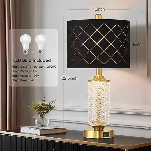 Miniatura 9 de QiMH Juego de 2 lámparas de mesa, lámparas para dormitorios con luz nocturna LED, lámparas de noche con puertos de carga USB C+A, lámparas negras