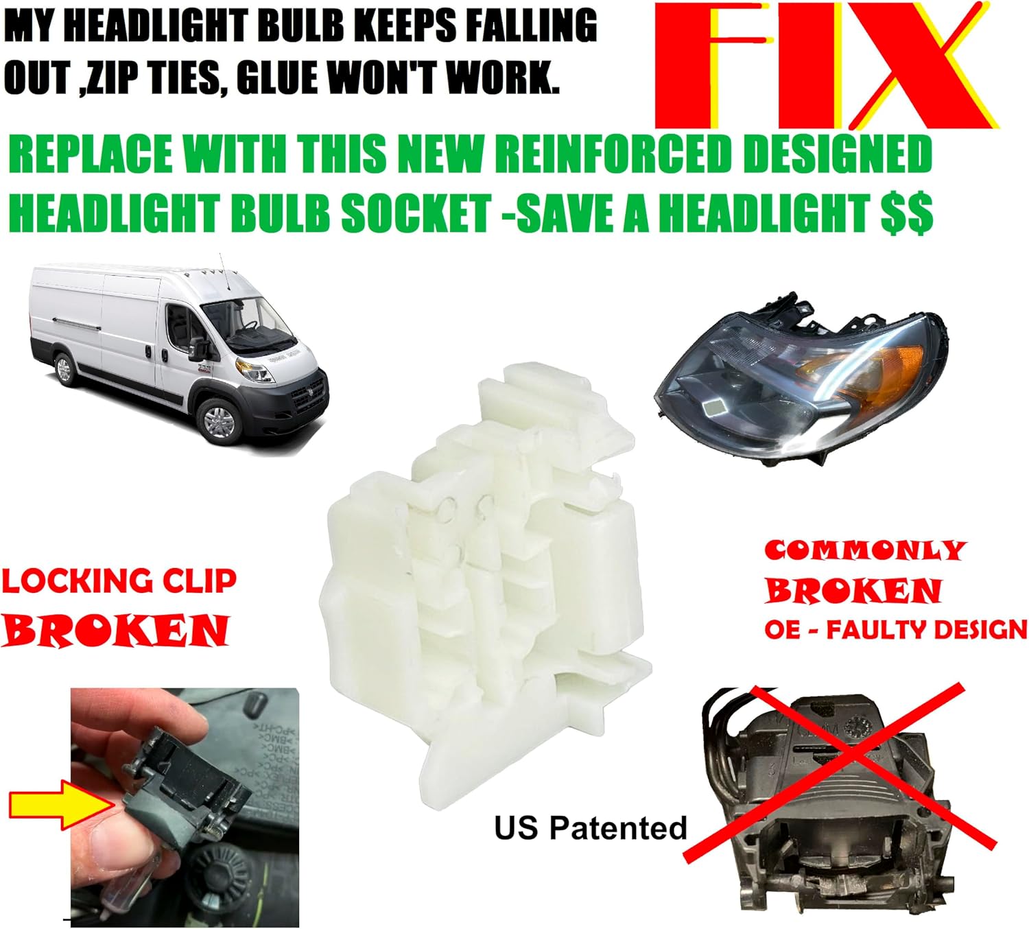 ADVANCE IGNITION Left Driver or Right Passenger Headlight Socket Repair Kit Compatible with Ram 14-18 ProMaster 1500 2500 3500 2014 2015 2016 2017 2018