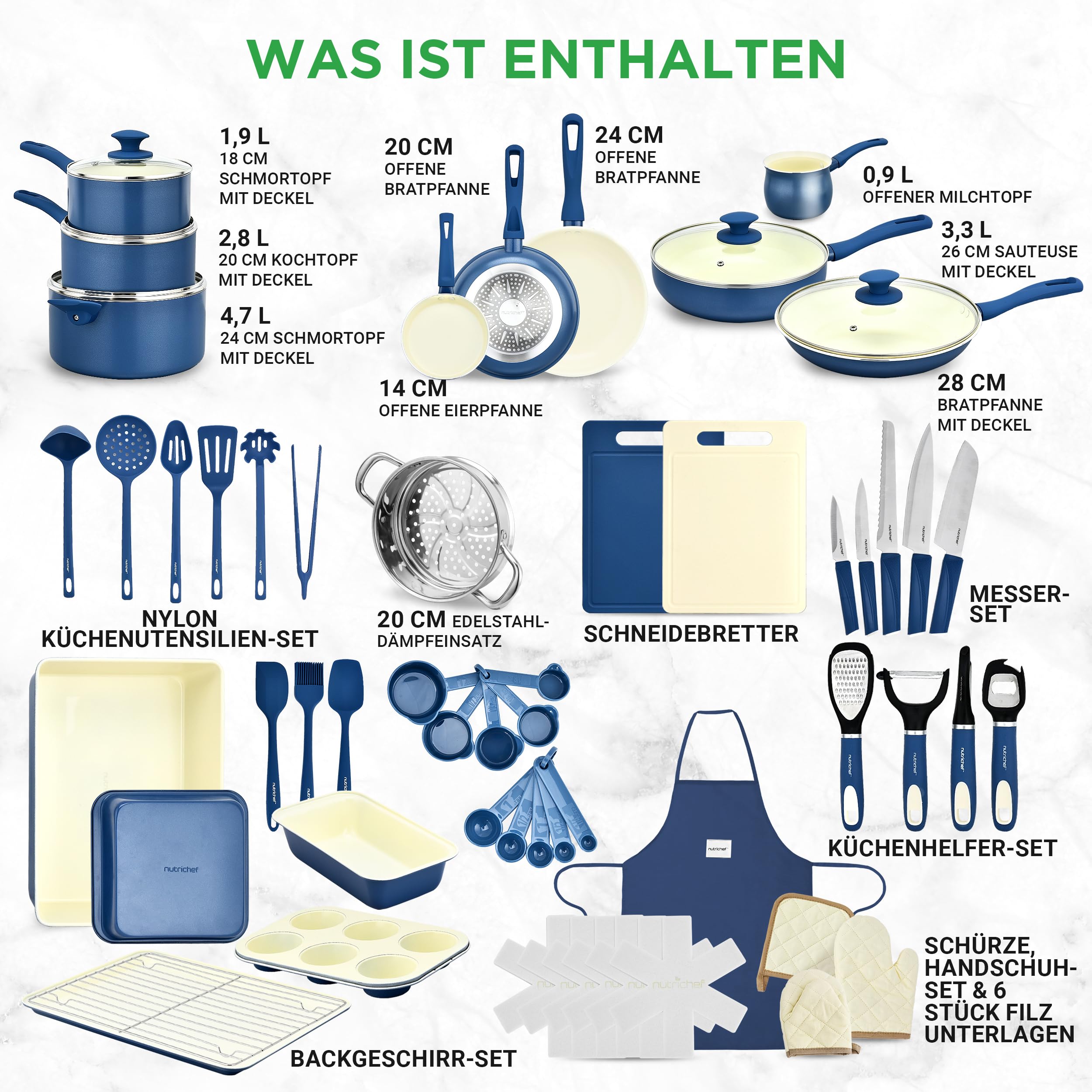 NutriChef Kochgeschirr Set 54-tlg – Pfannen, Töpfe, Küchenhelfer Blau– Mit Messer, Backformen, Zubehör – Für Induktion, Gas und Elektro – Gesund und fettarm kochen