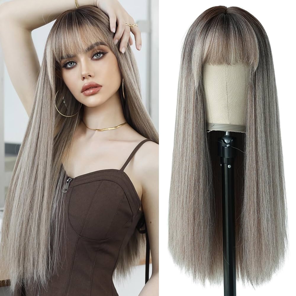 Amazon.com : 7JHH WIGS 26Inch Long Straight Wig with Bangs