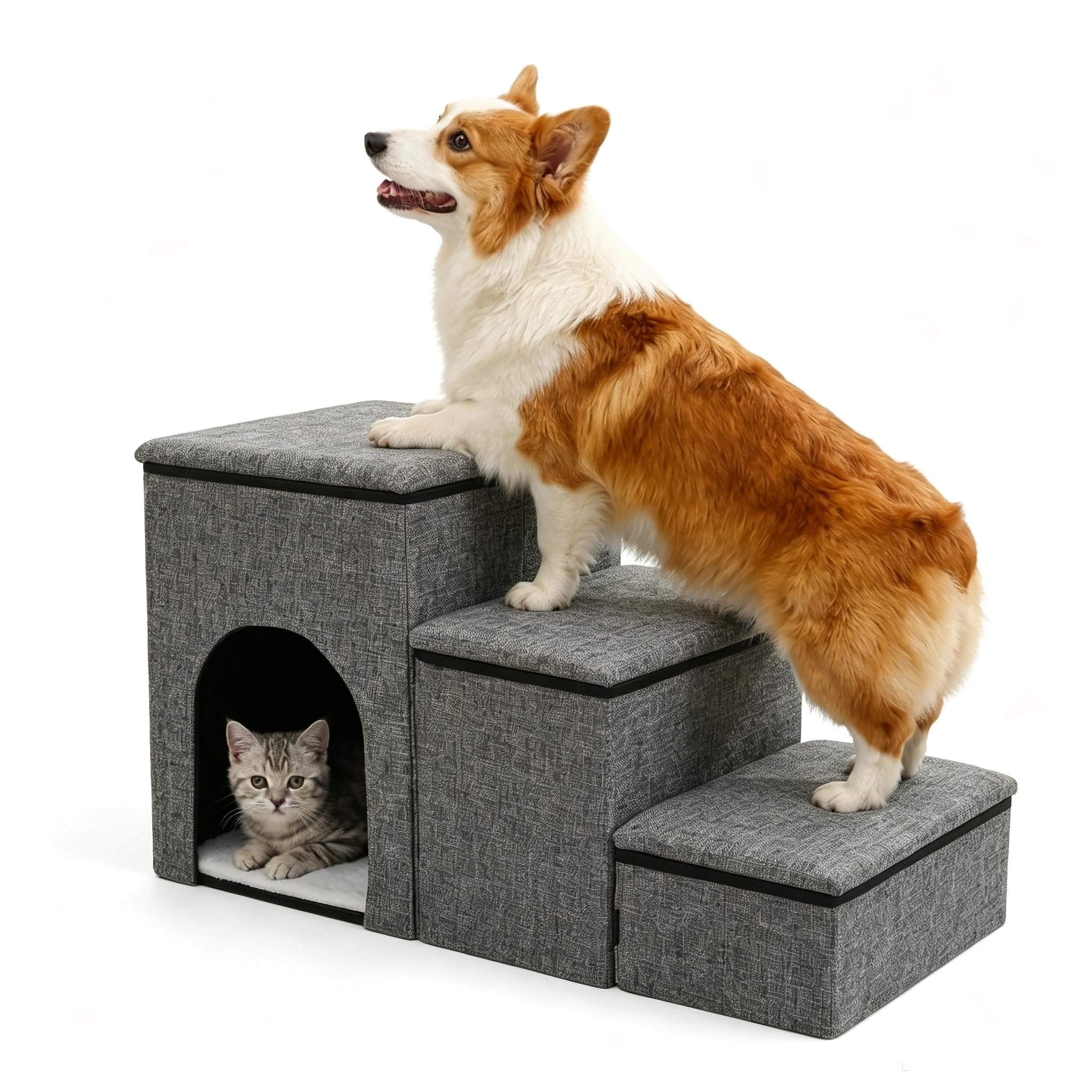 3 Step Dog Steps, Portable Dog Steps for Sofa Bed with Storage Box