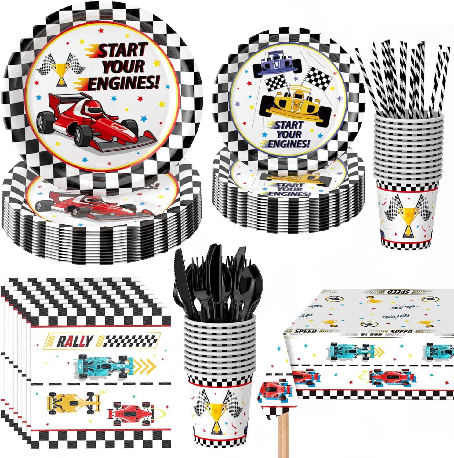 193 Pcs Racing Car Tableware Set,Race Car Theme Birthday Party Supplies, Includes Paper Plates,Napkins,Tablecloths,Cups,Straws and Cutlery,Disposable Party Decorations for Boys and Girls,Serves 24