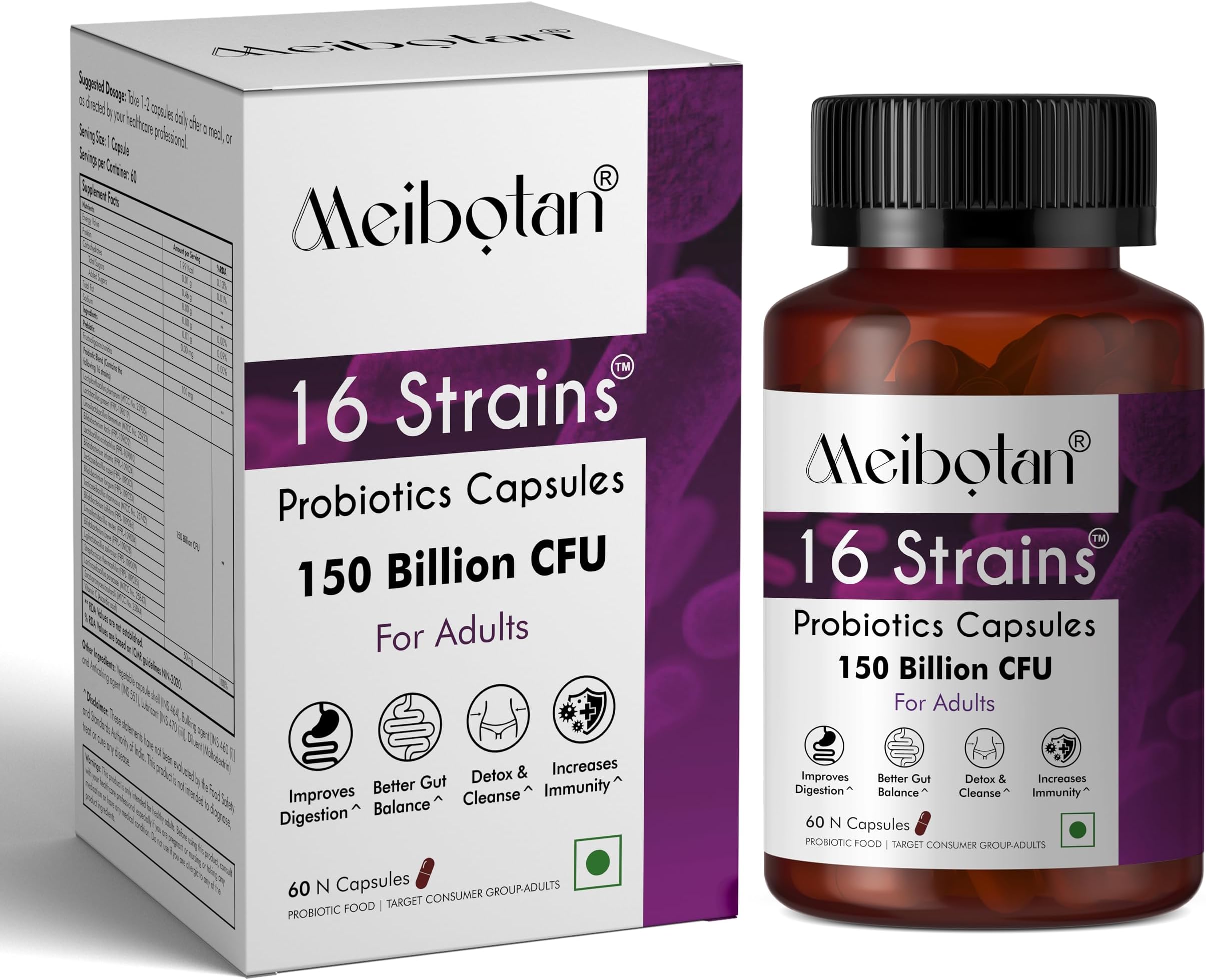 โMEIBOTAN Probiotic Supplement 16 Strains 150 Billion CFU For Men & Women - Stimulates the immune system Digestion Immunity Support- 60 Veg Capsules Safe & Natural