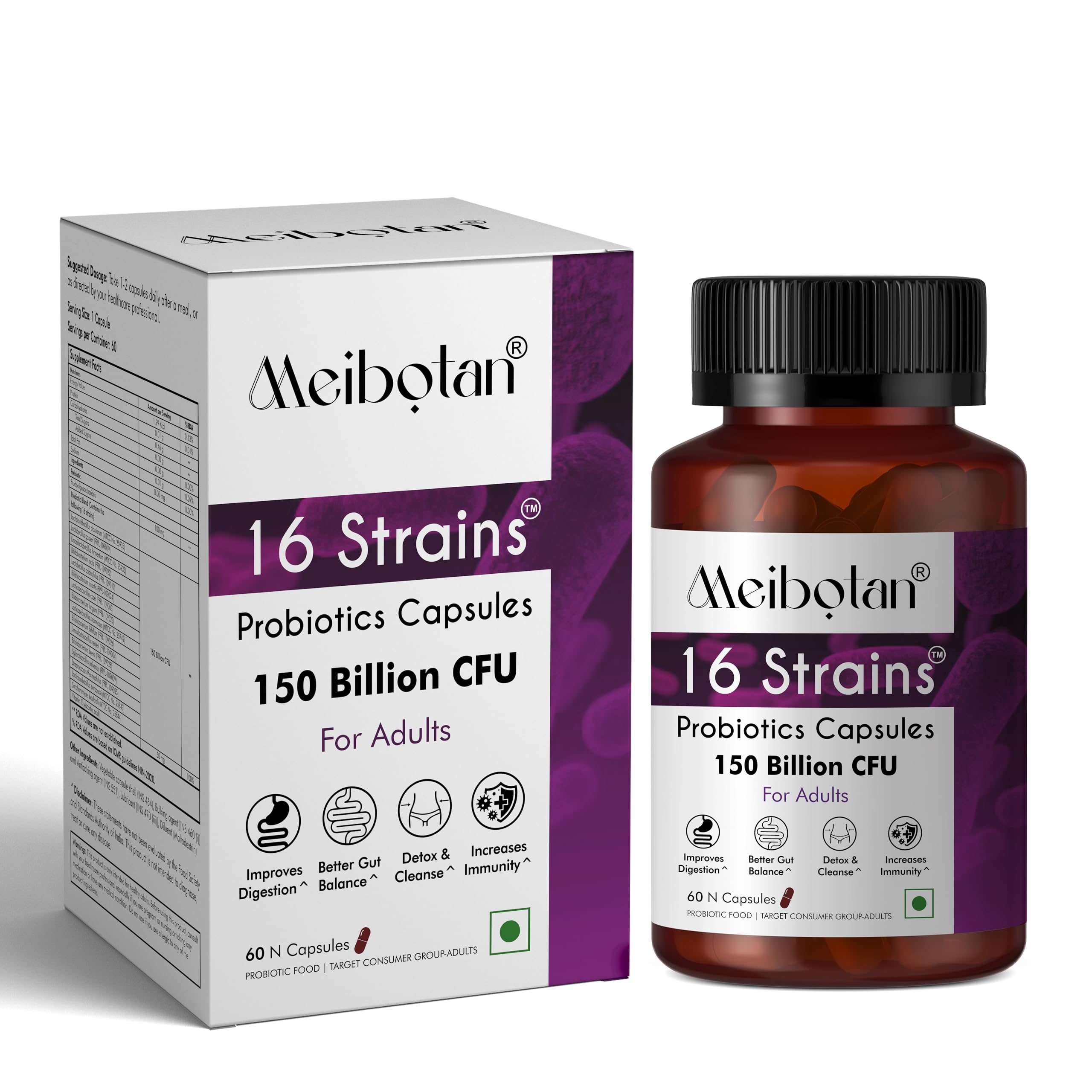 ​MEIBOTAN Probiotic Supplement 16 Strains 150 Billion CFU For Men & Women - Stimulates the immune system Digestion Immunity Support- 60 Veg Capsules Safe & Natural