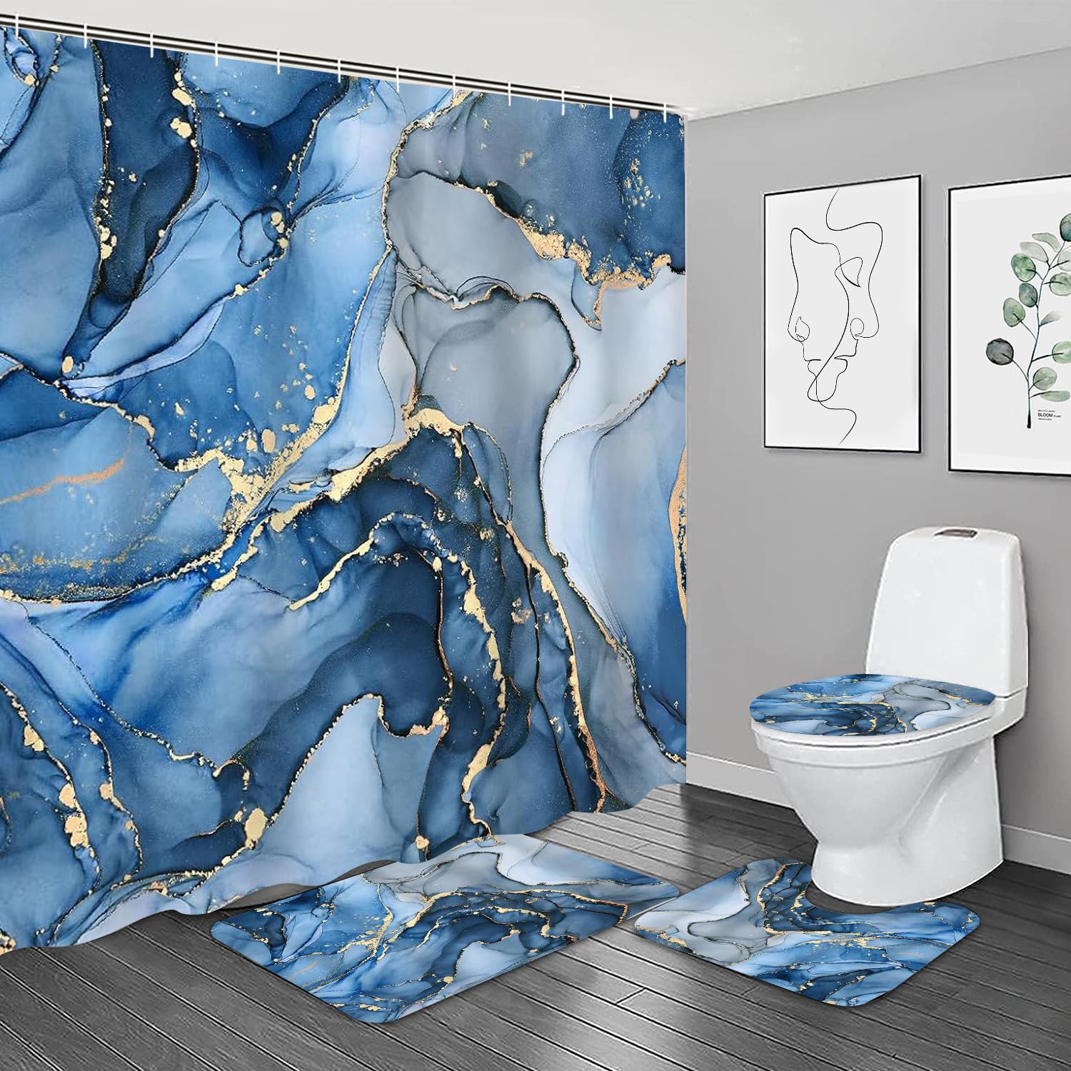 Juegos de baño dorados con cortina de ducha de mármol azul y acabados textiles premium