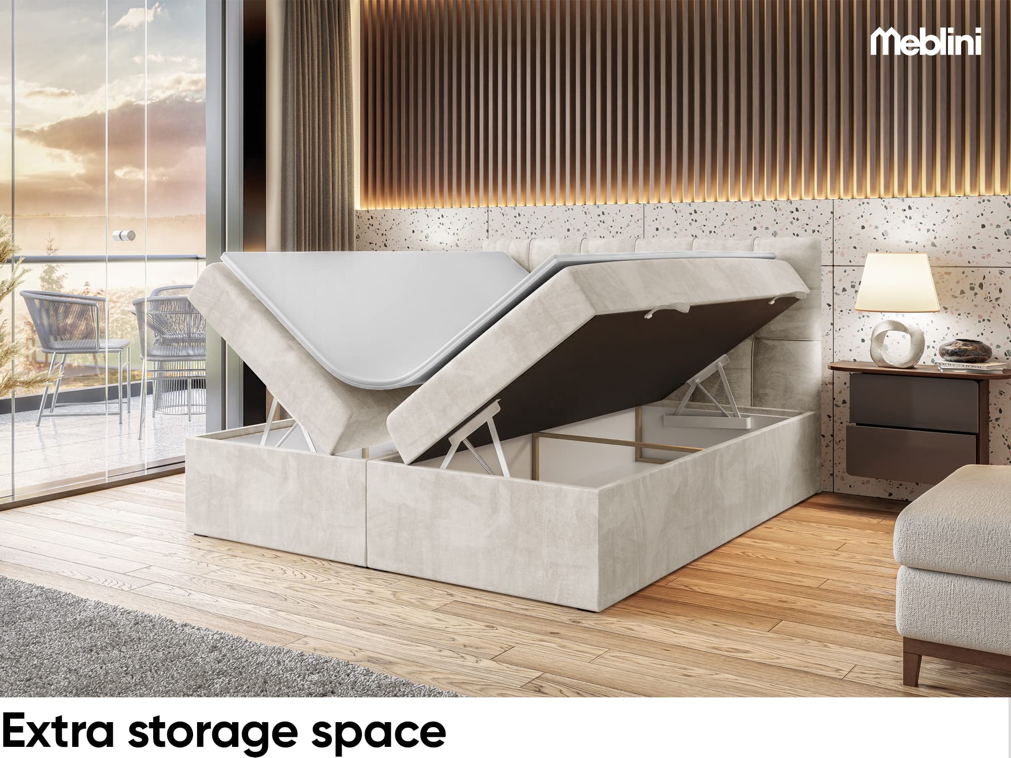 MEBLINI Boxspringbett mit Bettkasten - Gepolstert Doppelbett mit Matratze und Topper - Polsterbett mit Stauraum - Bett mit Kopfteil - Stauraumbett - TAPO 1-120x200 - H3/Creme Samt