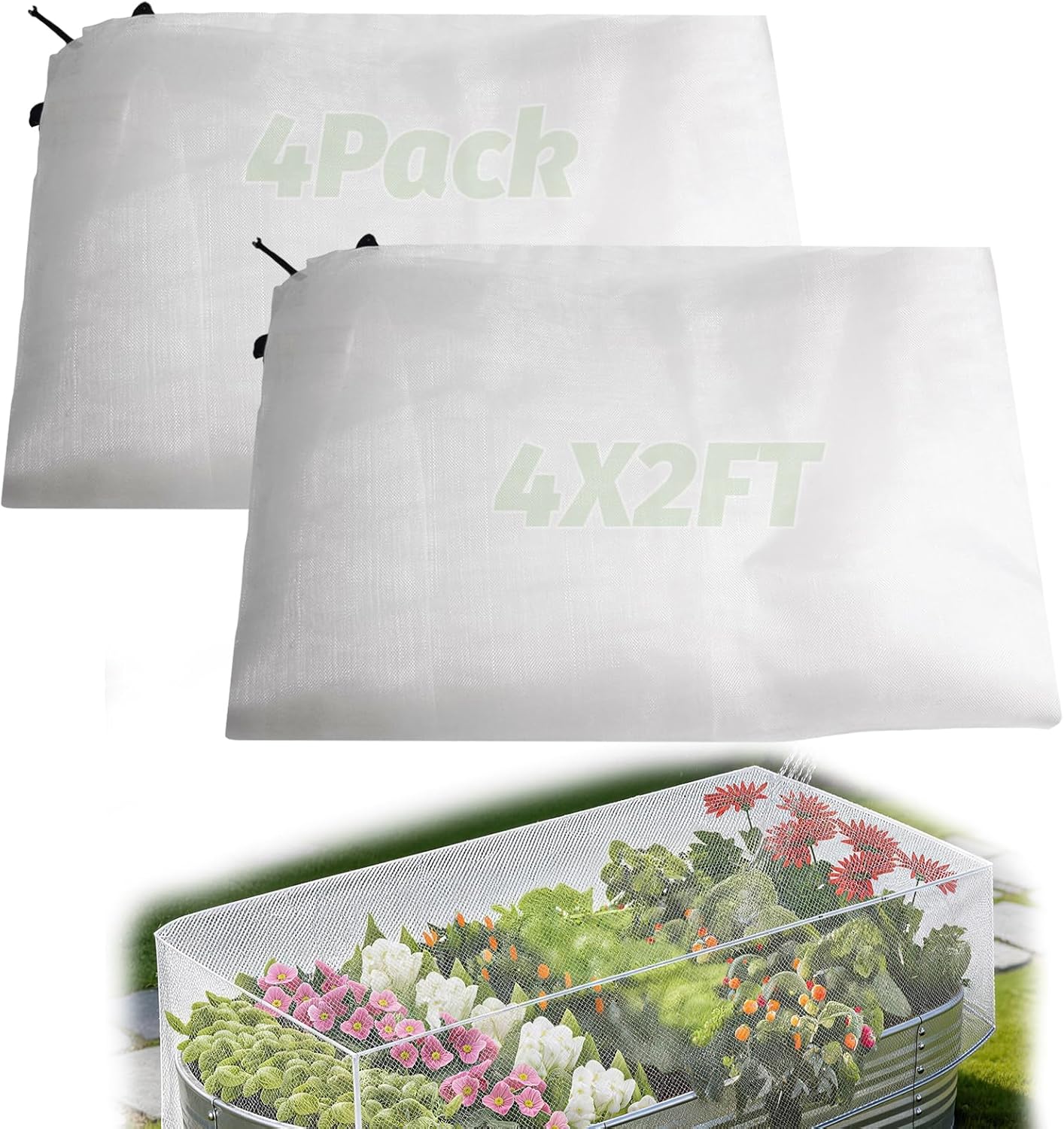 4 Packs Garden Netting for Raised Beds, 4x2 FT Raised Bed Plant Covers, Plant Netting with Drawstring for Protecting Vegetables Fruits Flowers Raised Beds