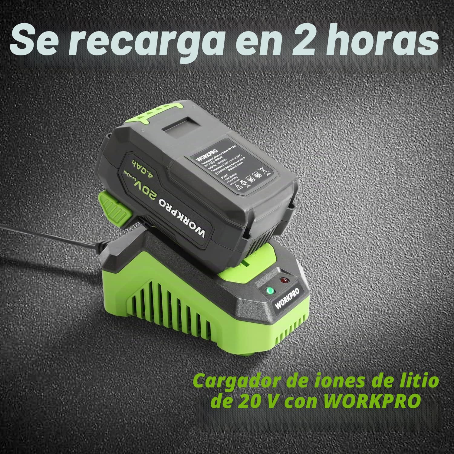 WORKPRO Batería Litio 20V 4,0Ah Sin Efecto Memoria Compatible | Mayor Capacidad para Trabajos Prolongados, Diseño Compacto y Protección Eficiente para Uso Continuo