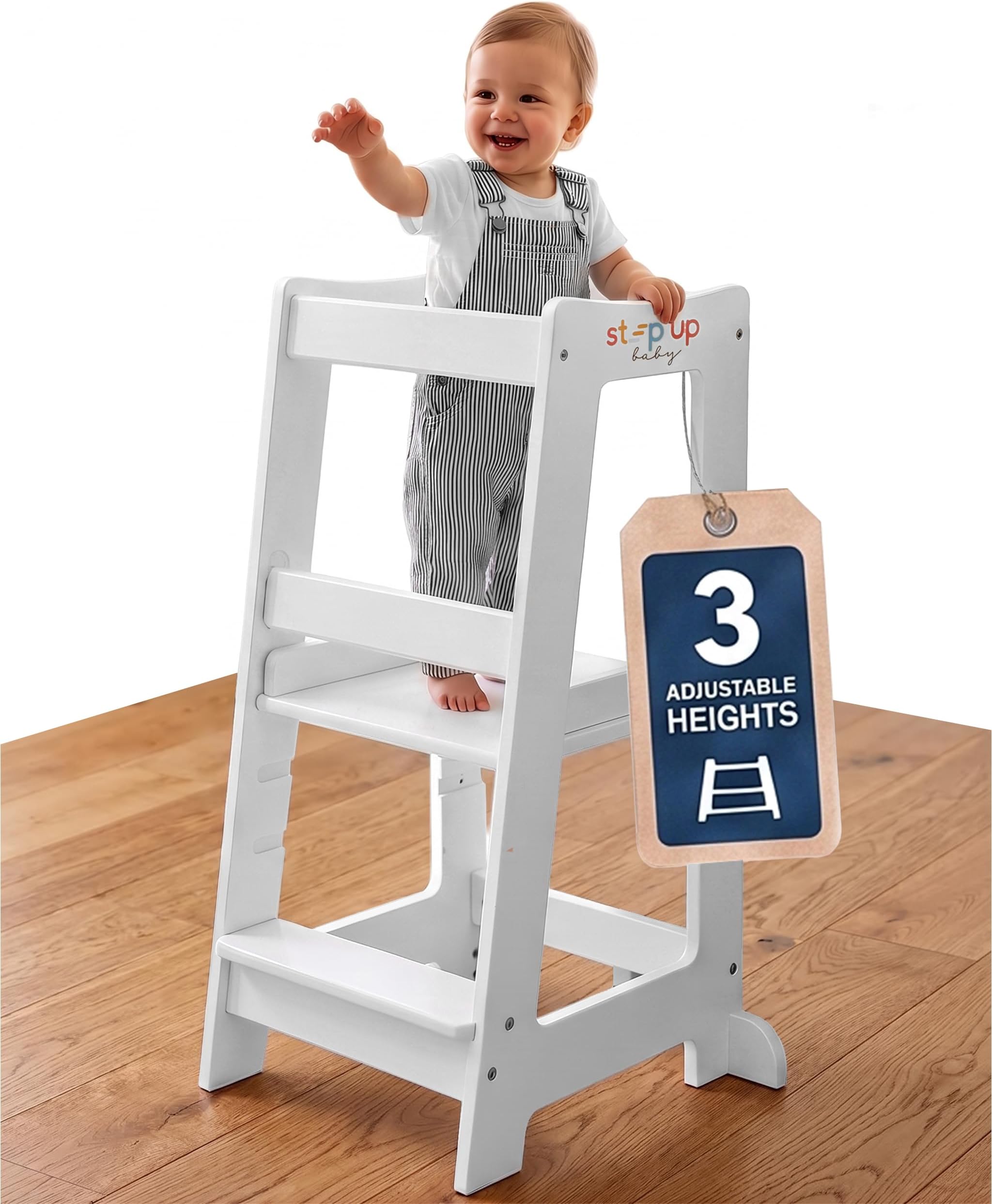 Toddler Tower 3-Level Adjustable Wooden Toddler Step Stool White