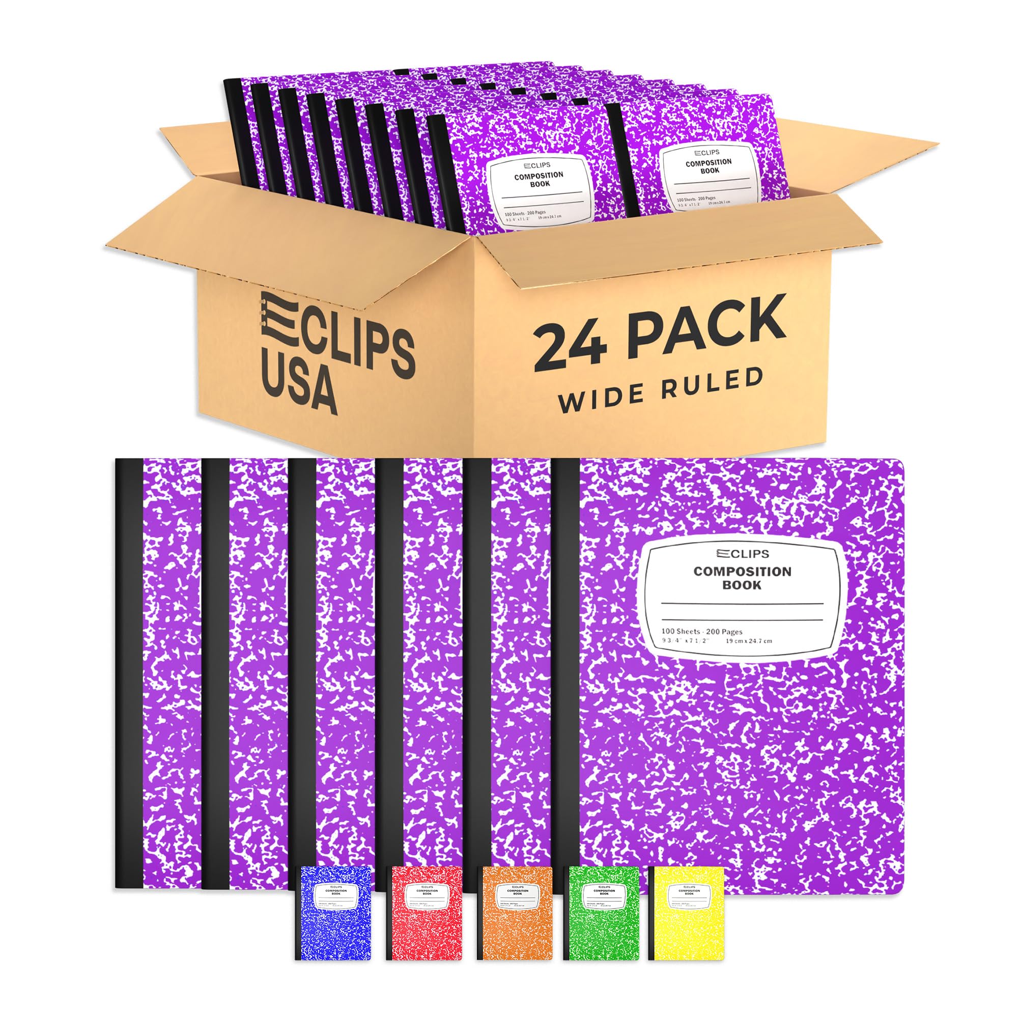 E-CLIPS USA Composition Notebooks, (24 Pack), Wide Ruled Composition Notebook, Marble Composition Notebook, 100 sheets, 200 Pages (24, Purple)