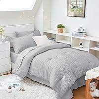 Vista 54 de HYMOKEGE Juego de edredón de sirsaca de 5 piezas, tamaño individual XL, color beige, cama de lujo en una bolsa para dormitorio, juego de ropa