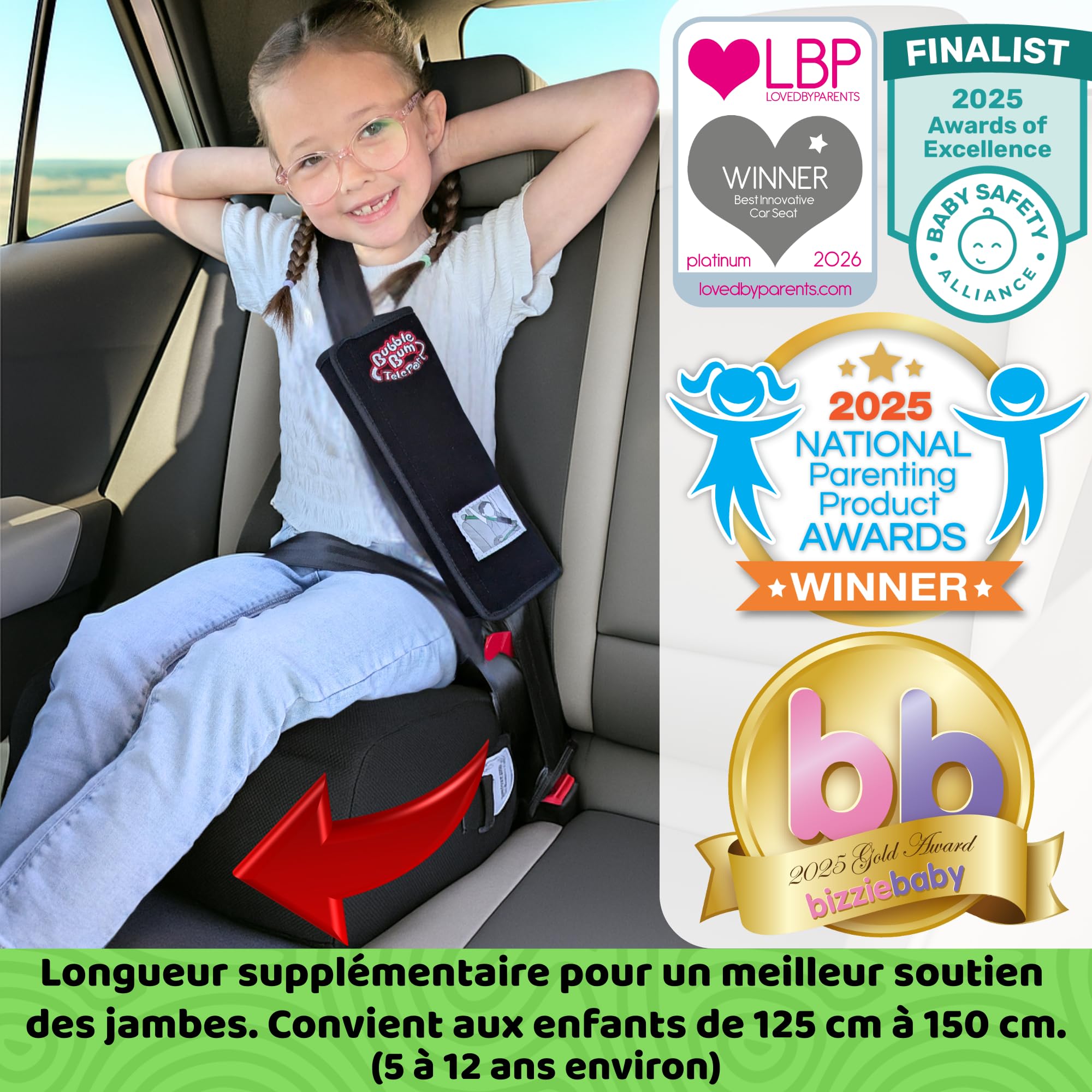 BubbleBum TelePort Rehausseur Voiture Enfant, Sièges Auto Voyage San Dossier, Réhausseur Voiture, Siège Auto Pliable Portable, Siege Auto Enfant 125-150cm, 5 à 12 ans, Groupe 2/3, i-Size R129 - Noir