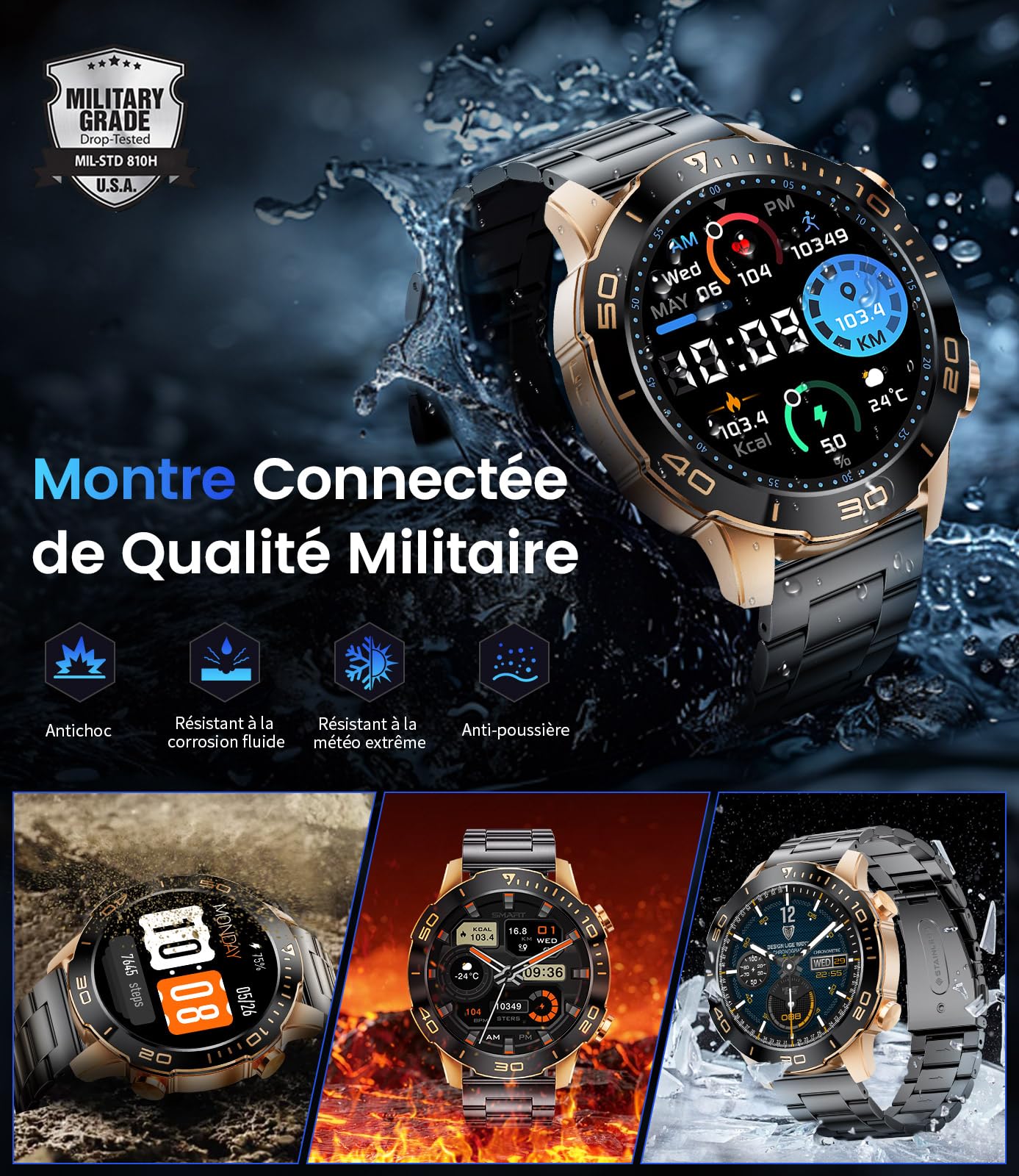 LIGE Montre Connectée Homme. 1.43" HD 800mAh Compatible Android/iOS | Écran HD AMOLED, Batterie Haute Capacité, 170+ Sports, étanchéité IP68, Appels Bluetooth, Santé 24/7, 2 bracelets