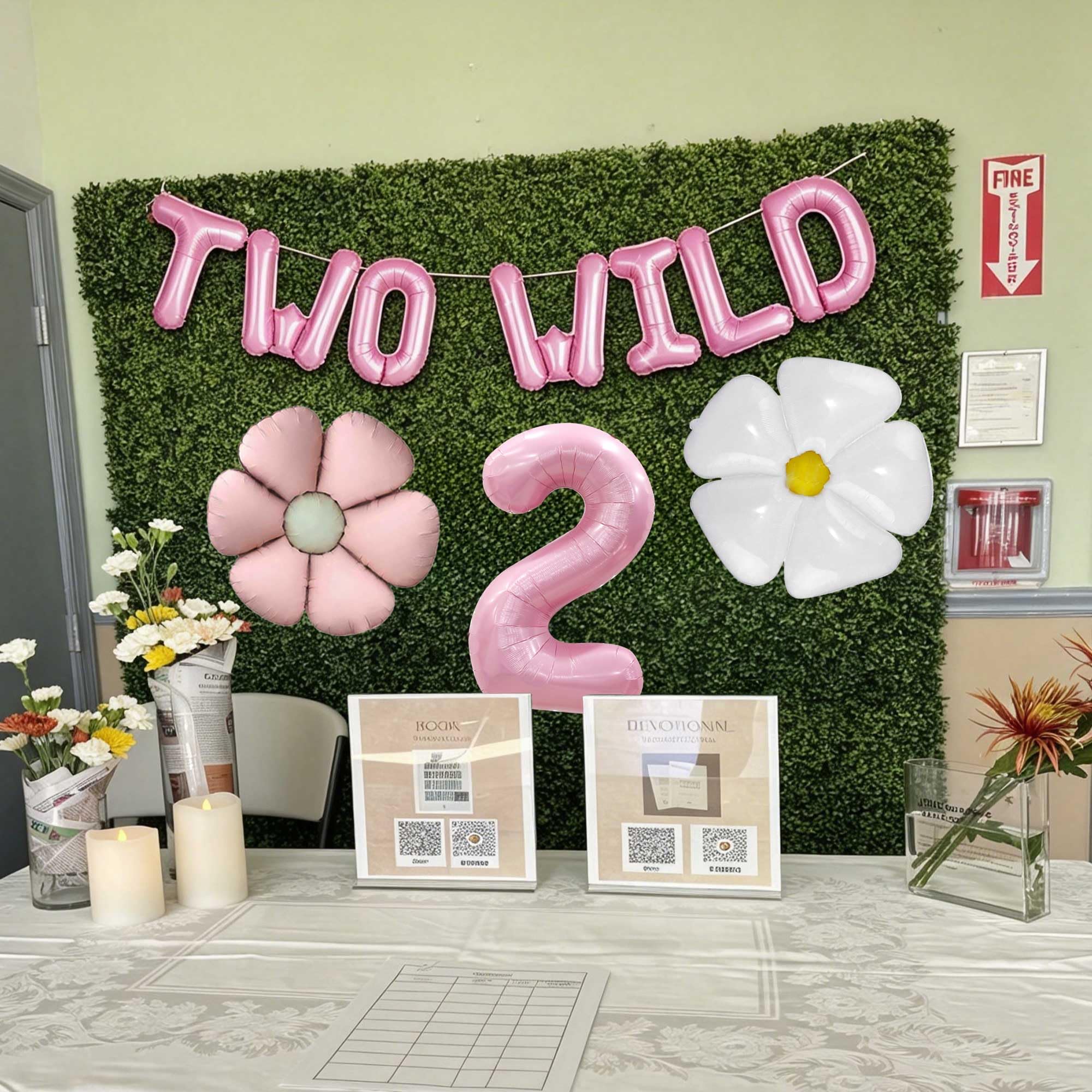 TWO Wild Banner Happy 2nd Birthday Banner Jungle Second Birthday Decoration Daisy Party Supplies Rose Gold Daisy Balloons