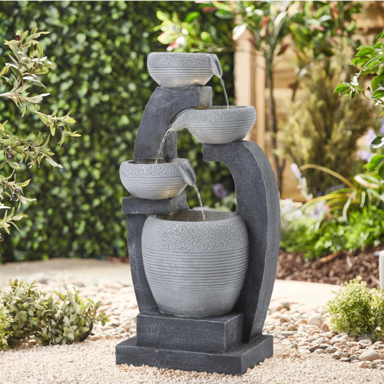 Warmiehomy 63cm Water Feature Solar Powered, 4 Tier Textured Cascading Solar Water Feature Waterfall with Pump & LED Lights Garden fountains for Outdoor Water Features, Grey