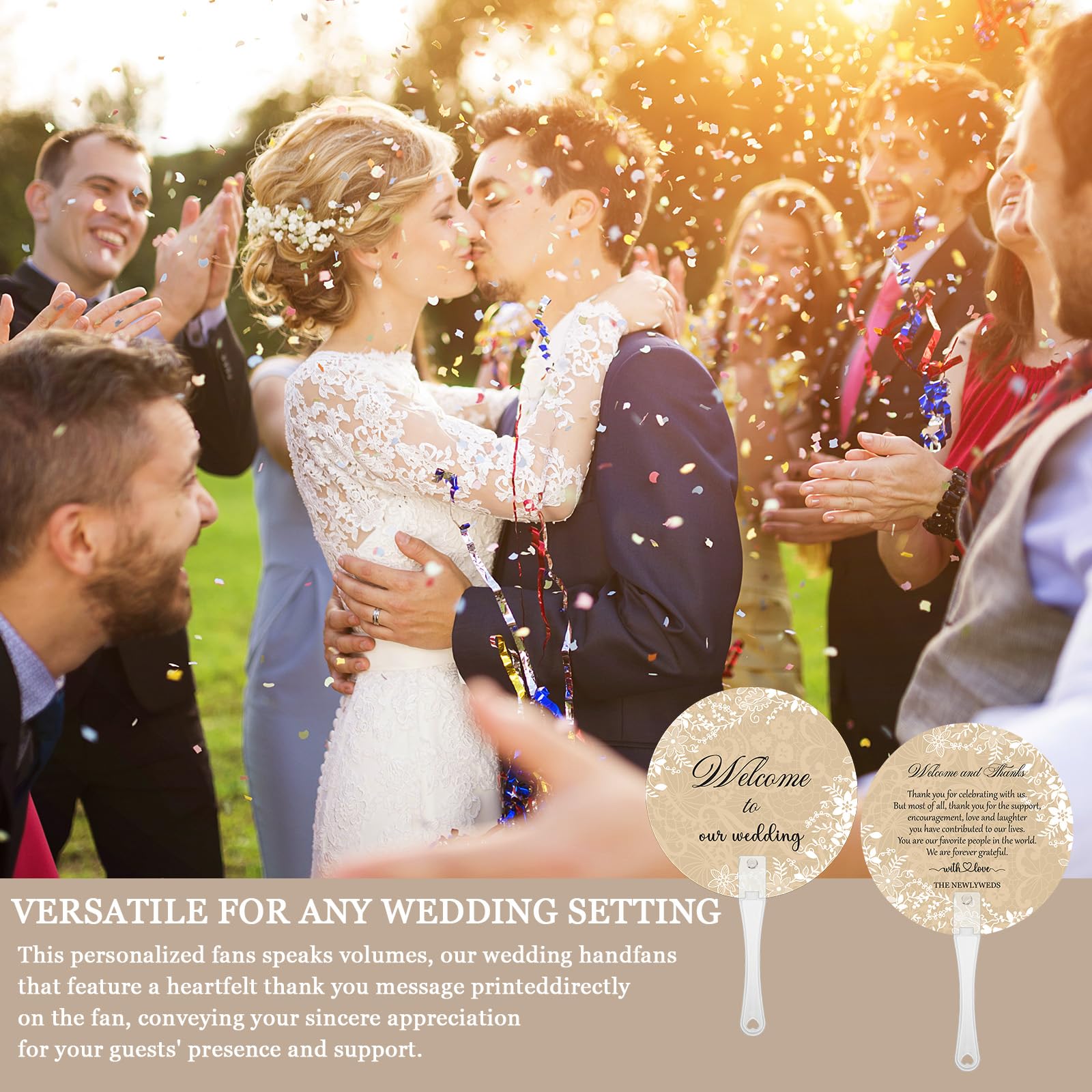 100 Stück Hochzeitsfächer für Gäste, Großpackung Willkommen bei unserer Hochzeit, Kunststoff-Handfächer für Zeremonie, Brautparty, Party, Dekoration, Willkommensbeutel, Füllmaterial (Spitze)