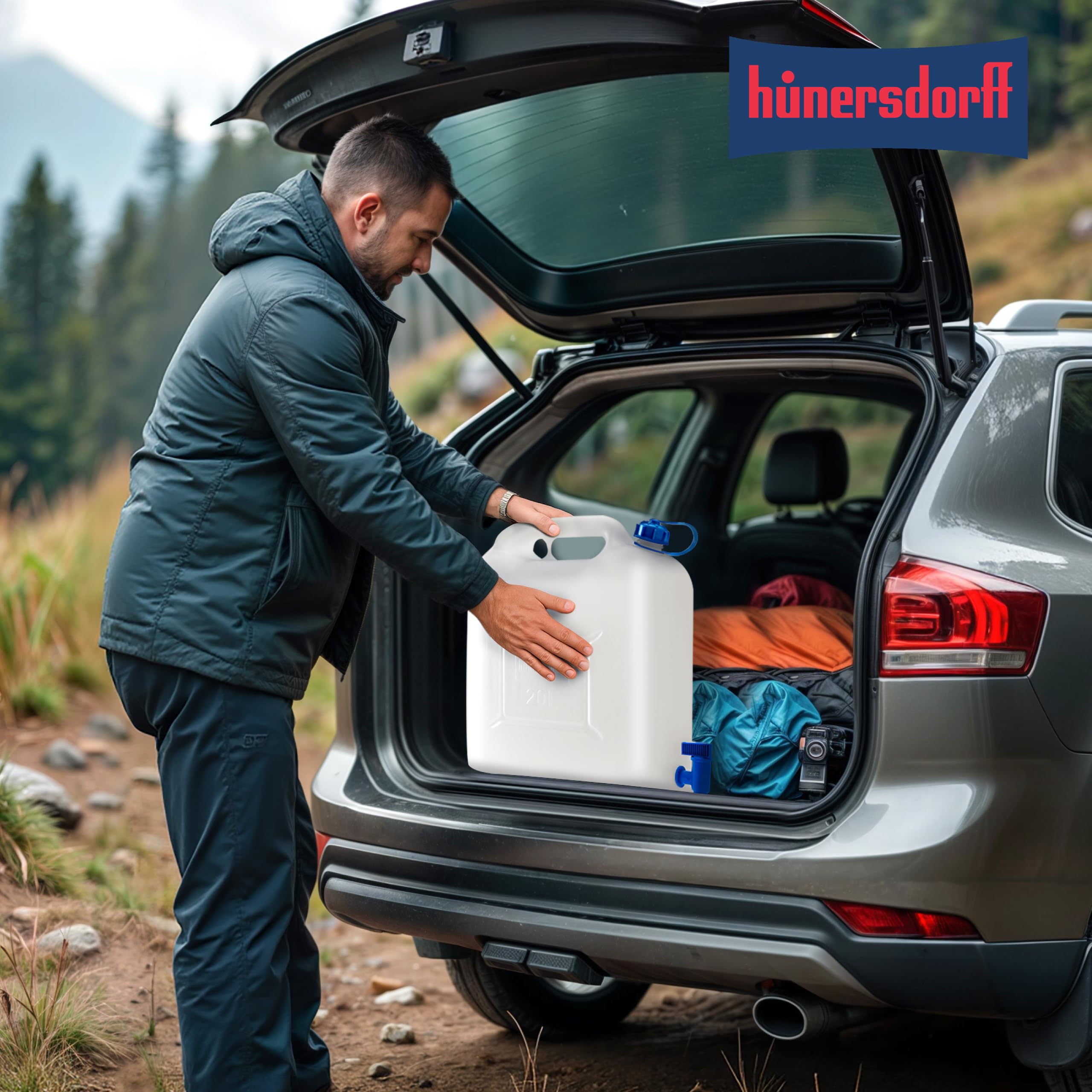 Hünersdorff | Bidón para agua ECO 22 L con grifo | PEAD natural | con grifo de descarga azul montado de forma fija | Bote de agua de plástico | garrafa plastico con grifo