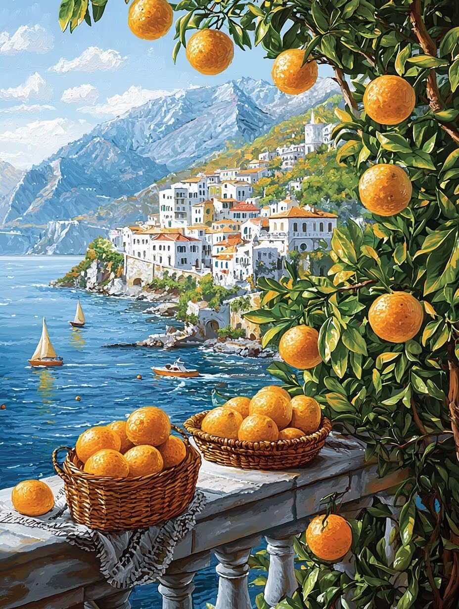 Vista marina e frutta Dipingere con i Numeri per Adulti, 70x90cm a-298 | Paint by Numbers Kit con Pennelli e Acrilico Pigmento, Fai da te Olio La Pittura di Numeri Kit, Decora la Casa, senza Cornice
