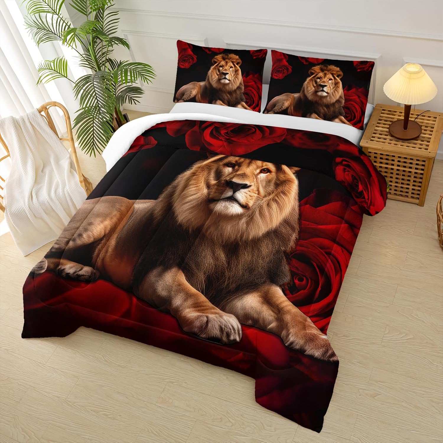 Lion Comforter Set Queen Size for Boys Girls,Flower Rose Animals Bedding Set,Safari Wild Animal Quilt Set Lion Bed Set,Romantic Rose Theme Wedding Black Red Bedding Set - Image 2