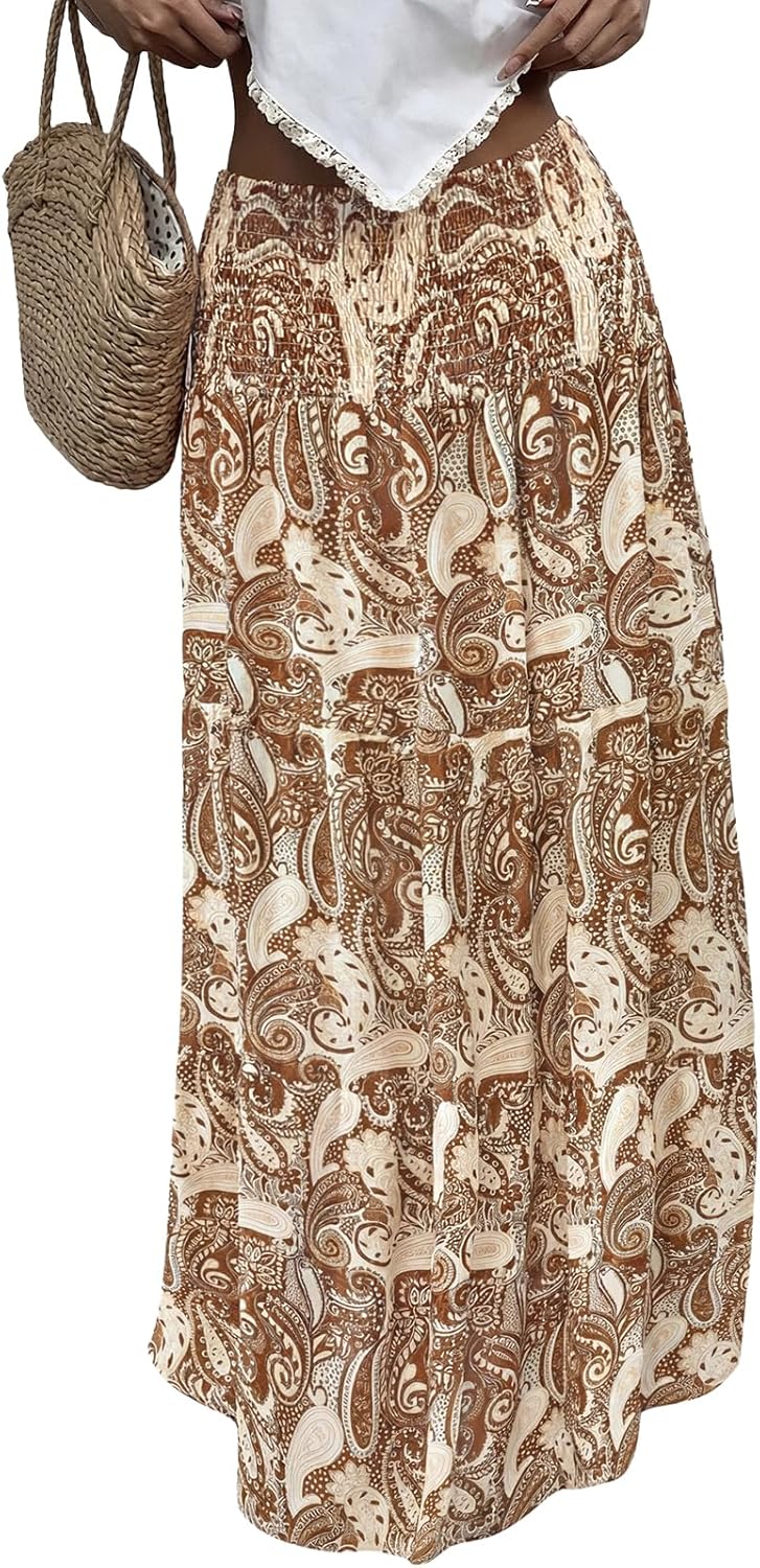PRETTYGARDEN Floral Summer Boho Maxi Skirts for Women 2026 Smocked Elastic Waist Pleated Tiered Vacation Flowy Long Skirt