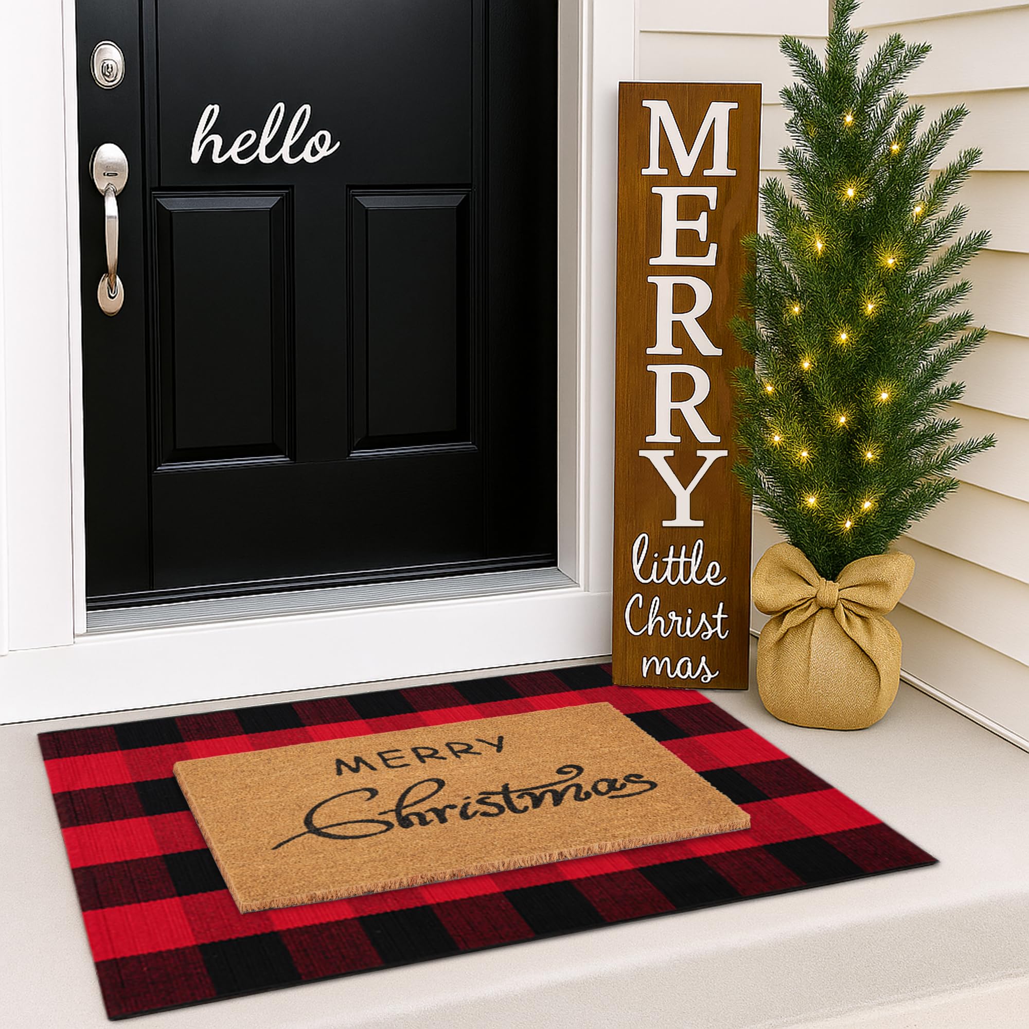 Juego combinado de felpudos de Navidad, tapete de bienvenida 100% fibra de coco + alfombra de cuadros rojos y negros de 28 x 43 pulgadas, tapete decorativo de Año Nuevo, colección de Navidad, para