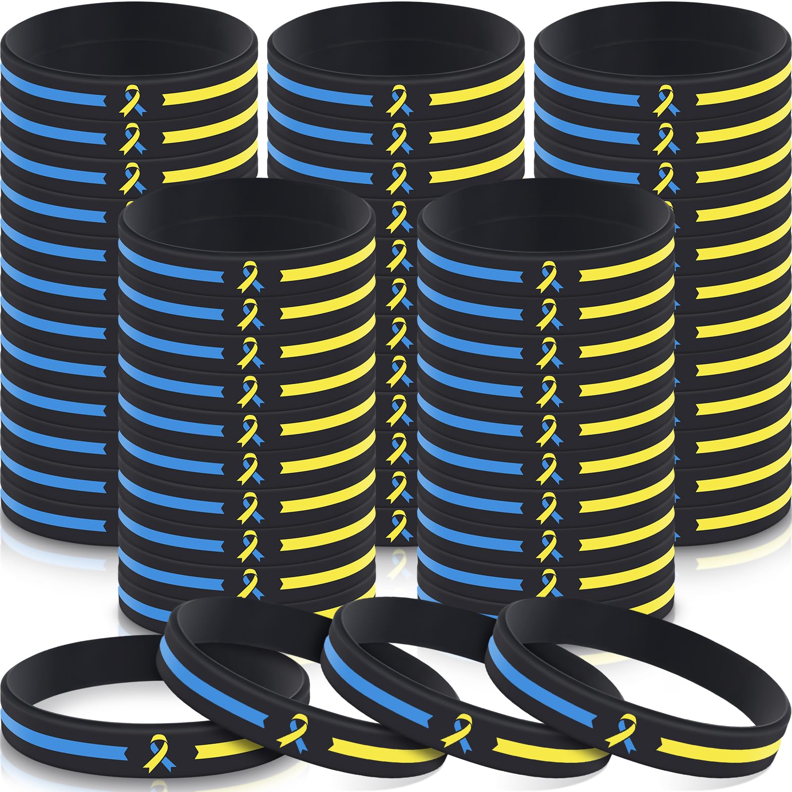 Hiboom 100 PCS Down Syndrome Awareness Silicone Bracelet Wristband Blue Yellow Ribbon Rubber Bracelets Wristband for Women Men Social Charity Event