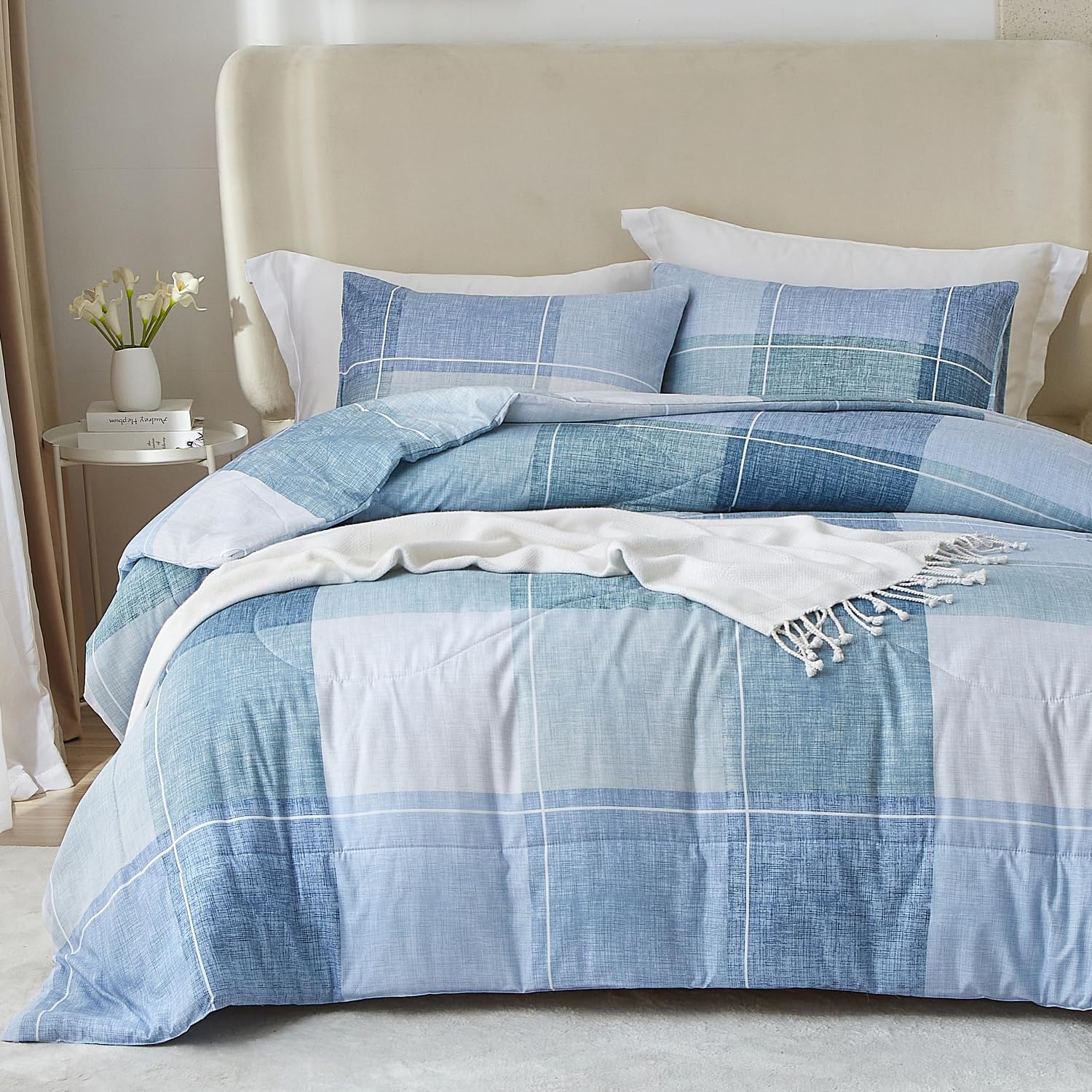 mixinni King Comforter Set 3 Piece Modern Buffalo Checkered Lightweight Comforter Geometric Plaid Pattern Blue Bedding Set for Women and Men-King Size