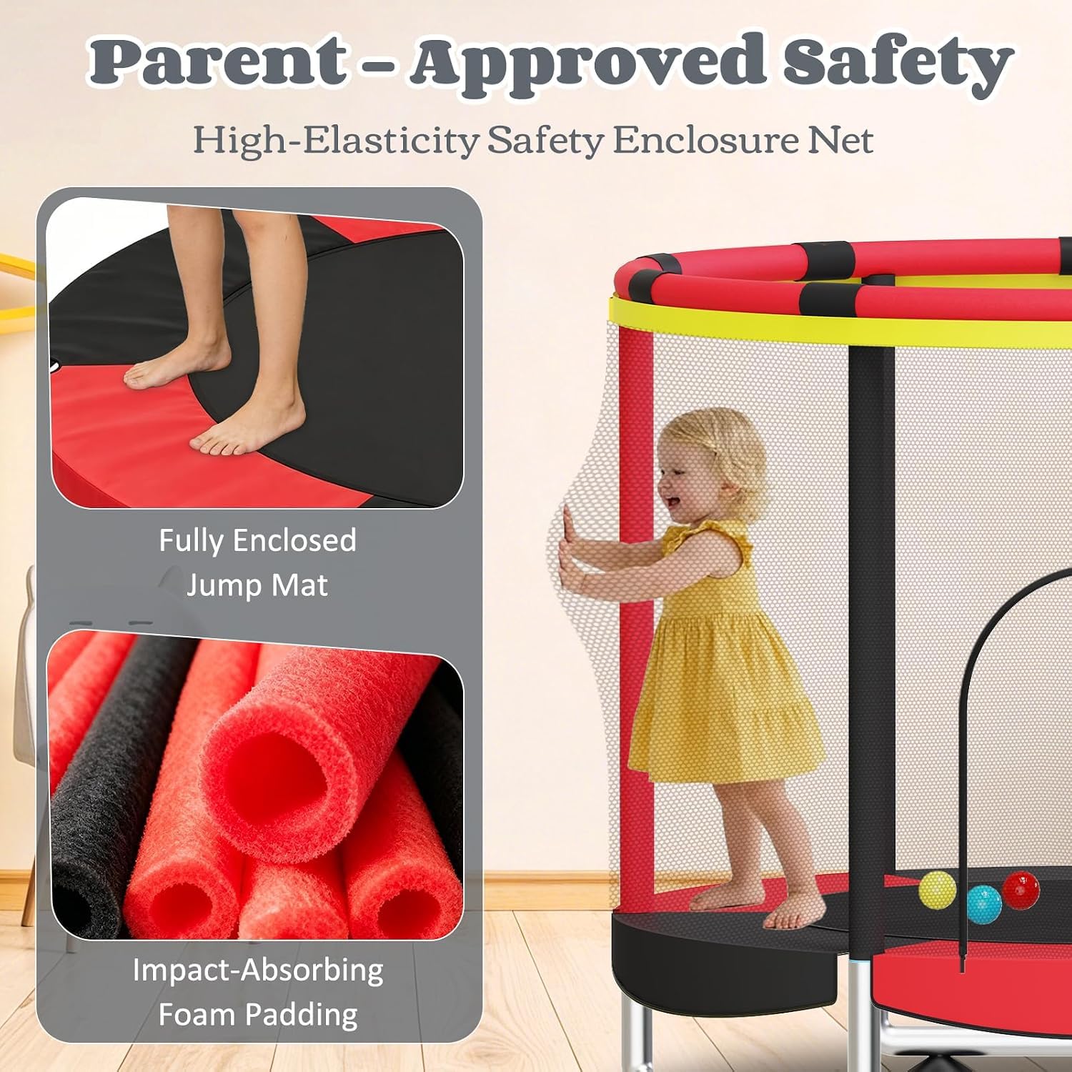 55 Zoll Trampolin für Kinder, 5-in-1 Kleinkind Trampolin Innen & Außen mit Verstellbarer Gymnastikstange und Spielzeug, Geschenk für Jungen und Mädchen 3–8 Jahre