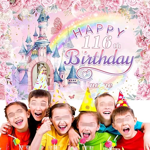 Vista 5 de Cartel personalizado de decoración de cumpleaños número 116 con temática de castillo y princesa, pancarta de tela personalizada para suministros