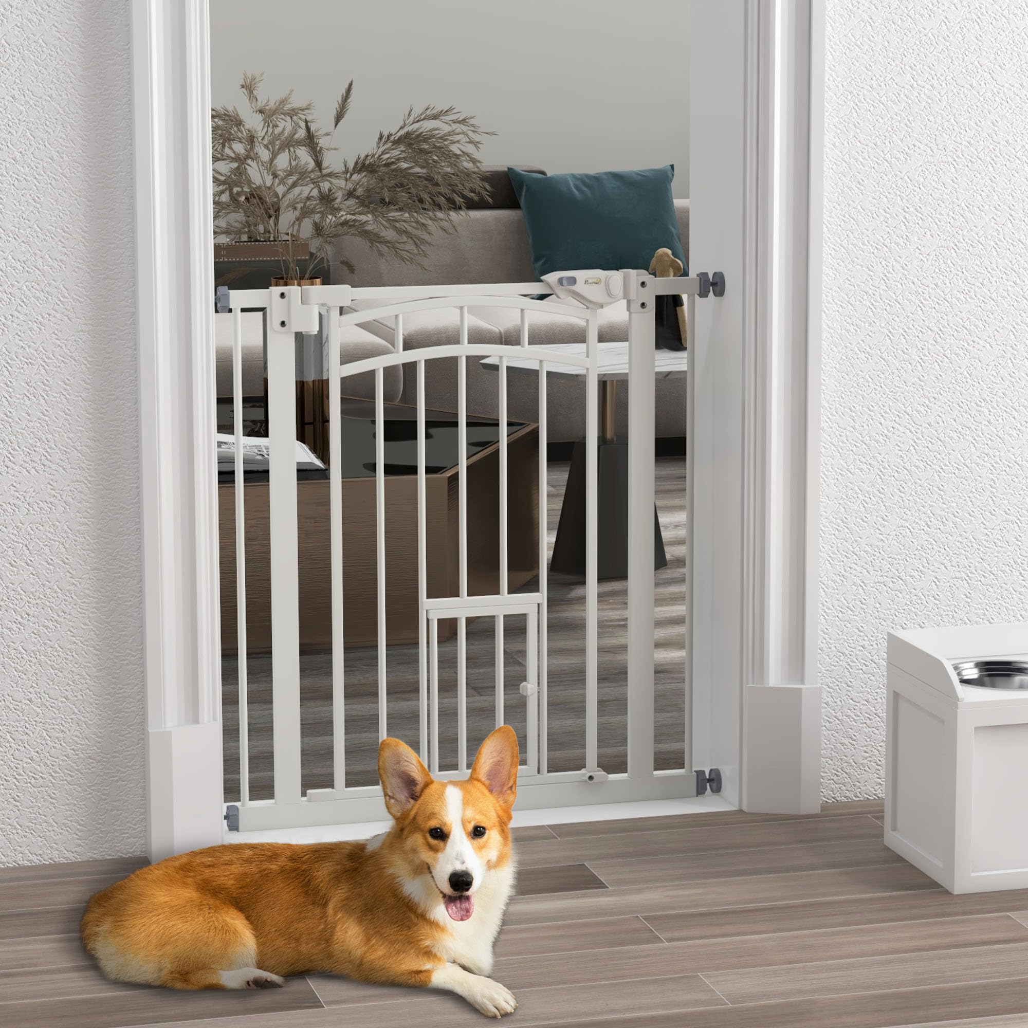 PawHut Cancellino per Cani taglia Piccola e Media Estensibile con Chiusura Automatica, Cancelletto di Sicurezza in Acciaio e PA, 74-80x76 cm, Bianco