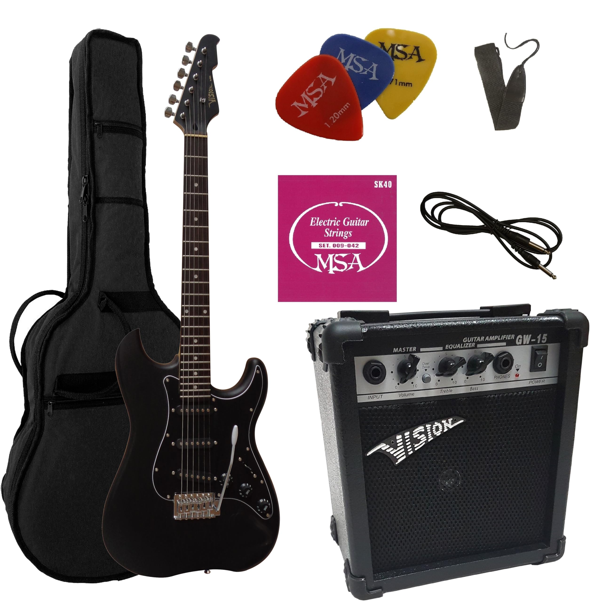 MSA CHITARRA ELETTRICA NERO OPACO - SET CON AMPLIFICATORE DA 20WATT - BORSA - PLETTRO - CORDE