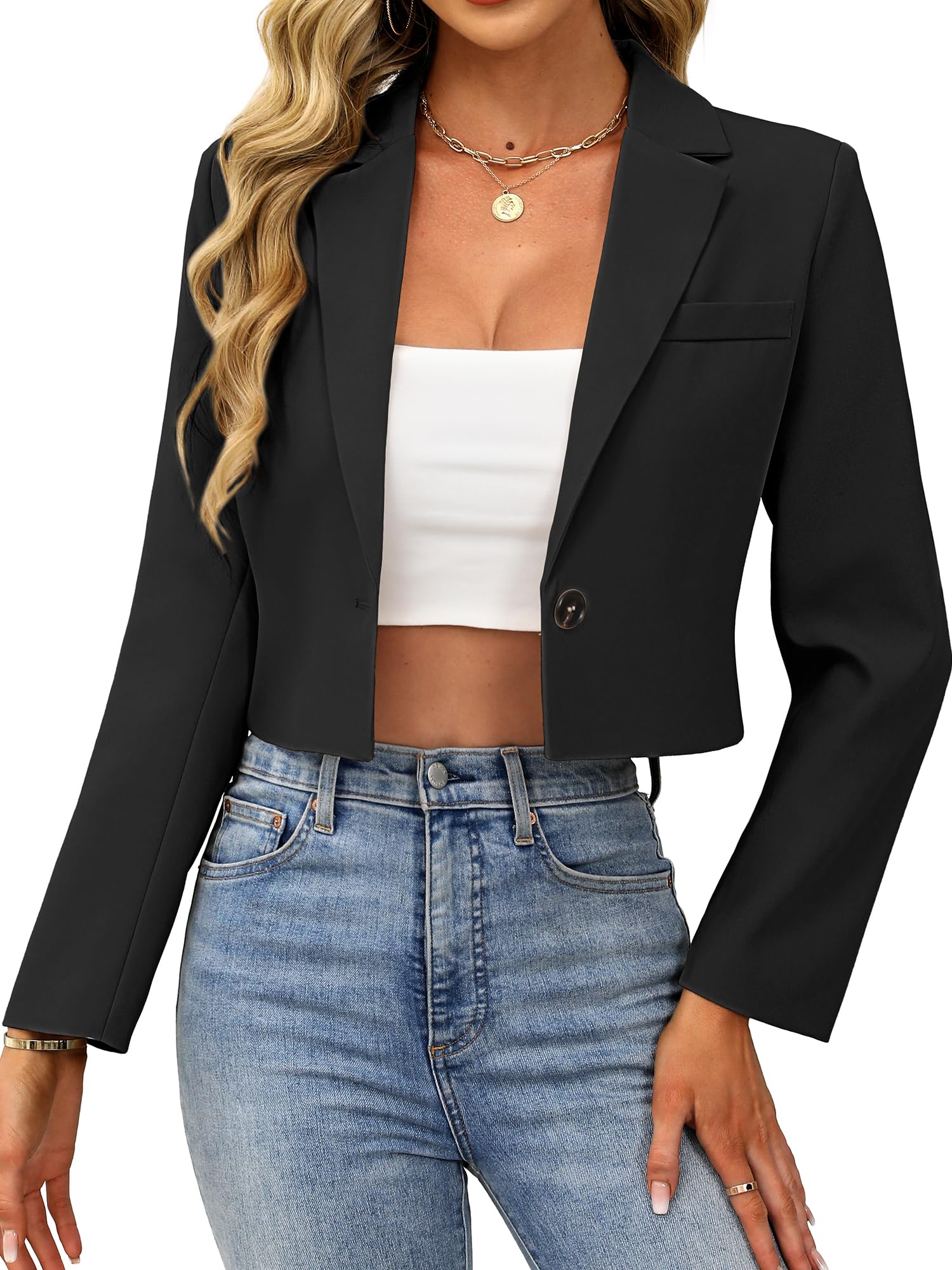 ELLEVEN Womens Cropped Blazer Business Casual Open Front Long Sleeve One Button Jacket