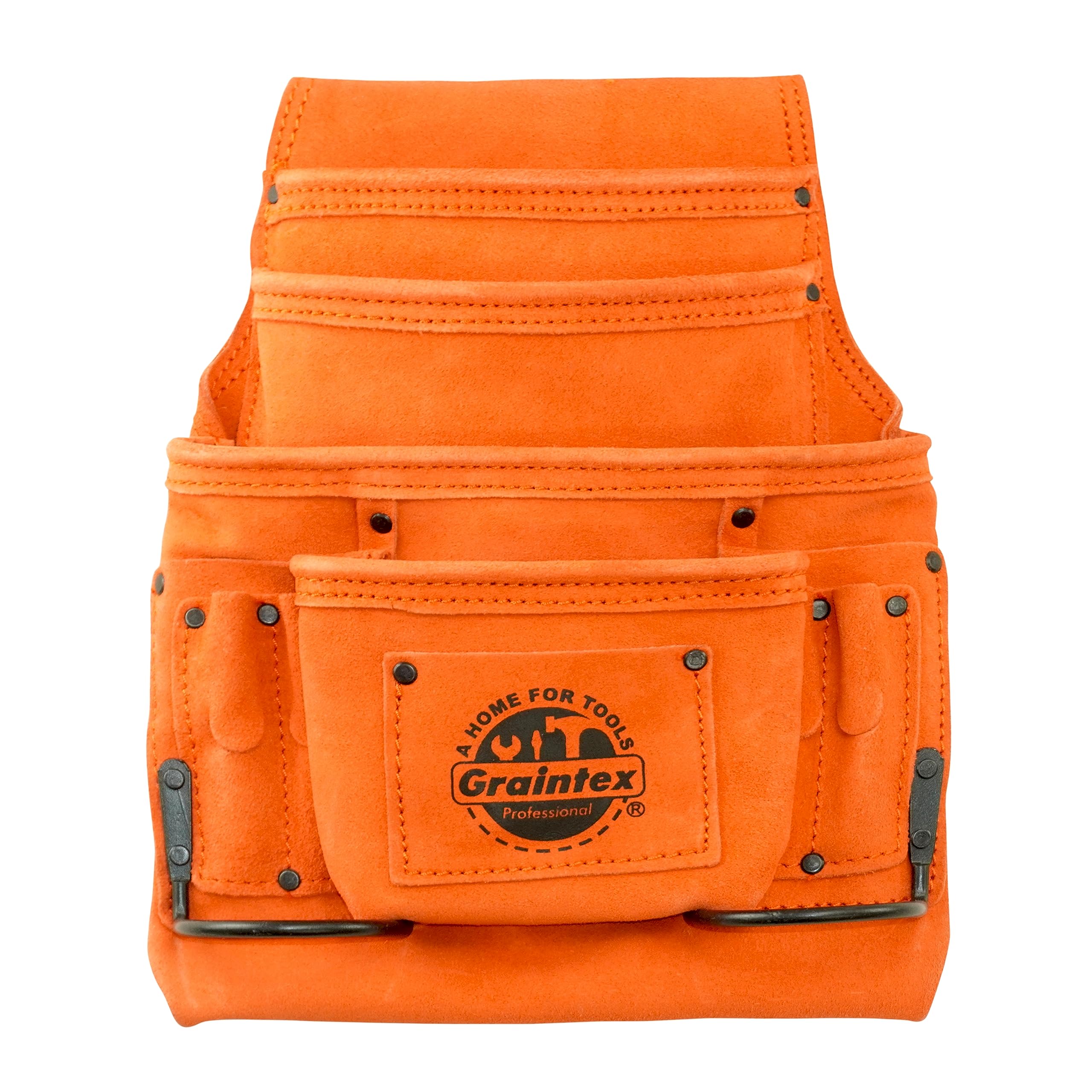 Graintex 10 Pocket Nail & Tool Pouch, Orange Color Suede Leather Tool Bag, Tool Belt for Constructors, Electricians, Handymen, HVAC Tools, Professional Organizer with Adjustable Fit - SS2549