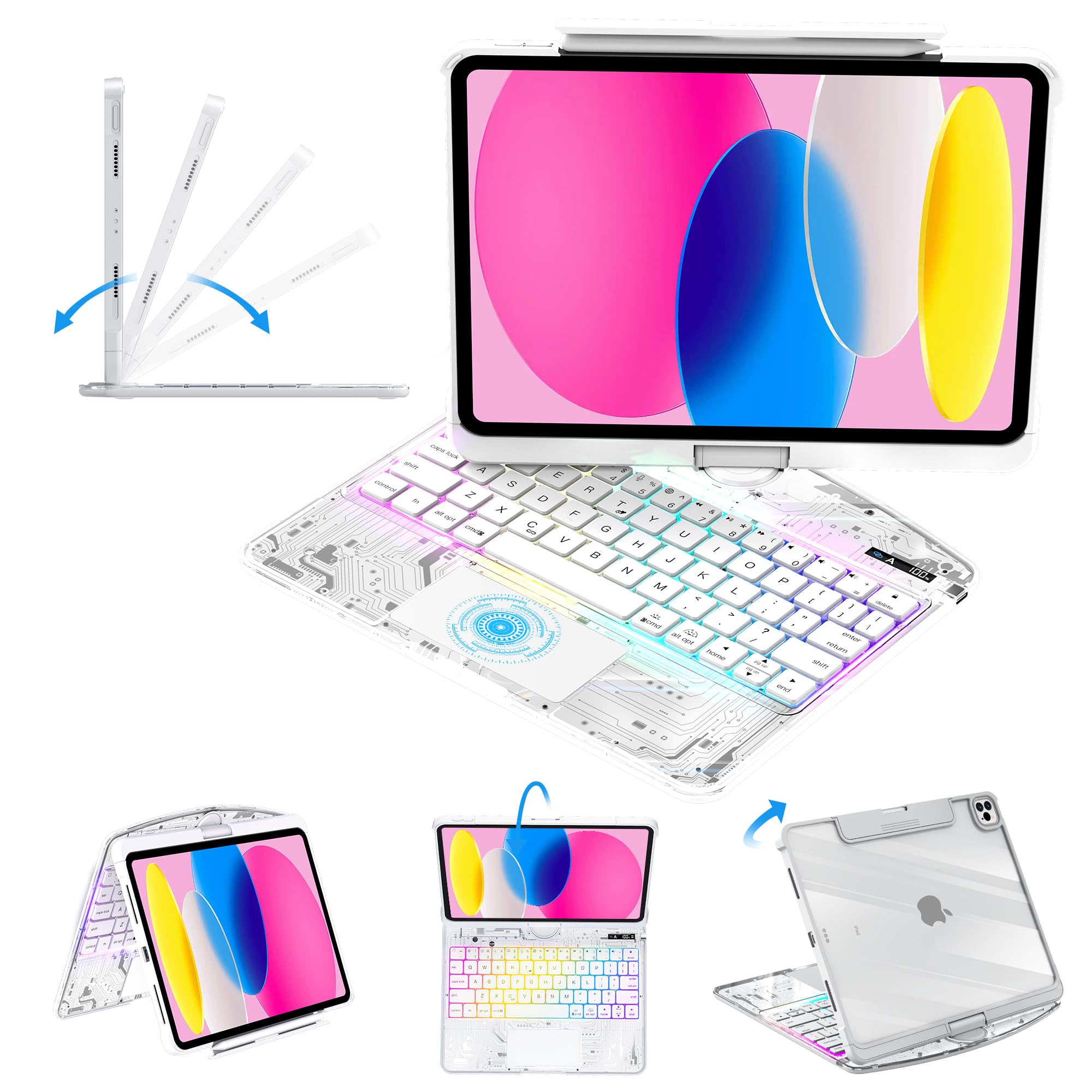 Clear Keyboard Case for iPad 10th Gen (2022/2025 10.9") &amp; 11 inch (A16) 3-Brightness, 7-Color Backlight, Trackpad Wireless Bluetooth Keyboard with 360 Rotating Stand, Pencil Holder White