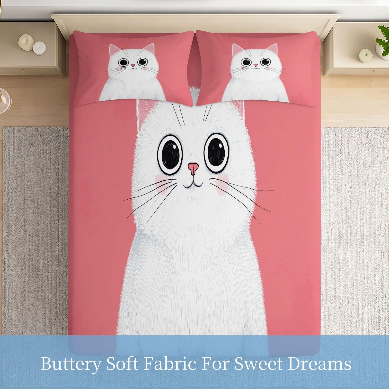 Juego de sábanas bajeras ajustables de 3 piezas, 90 x 200 cm, diseño de gato, de microfibra, color rosa, suave y agradable a la piel, transpirable, hipoalergénica, para colchones de hasta 30 cm de