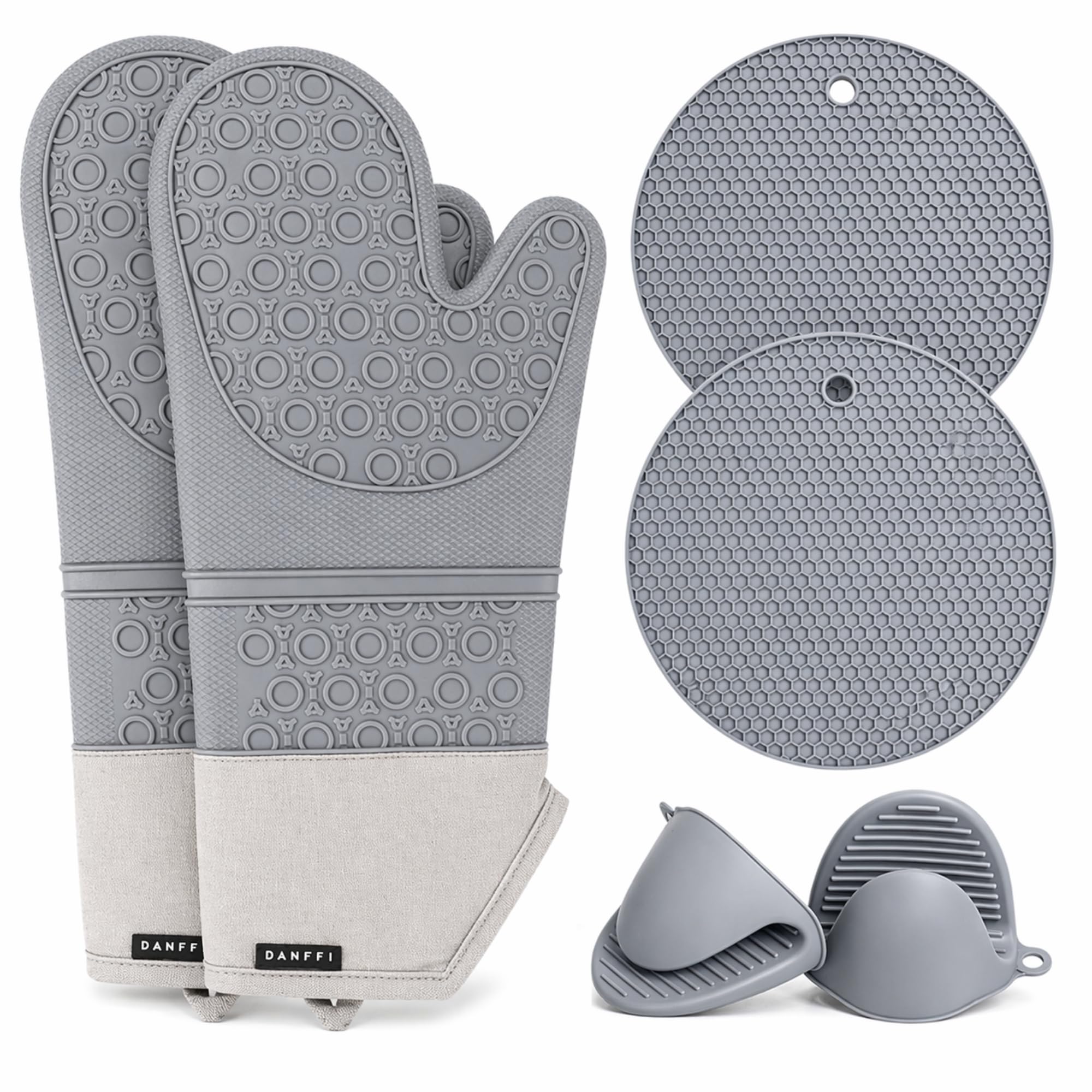 Juego de guantes de horno de silicona y soportes para ollas, guantes de cocina resistentes al calor, agarre texturizado antideslizante, silicona flexible con forro de algodón suave (6 piezas