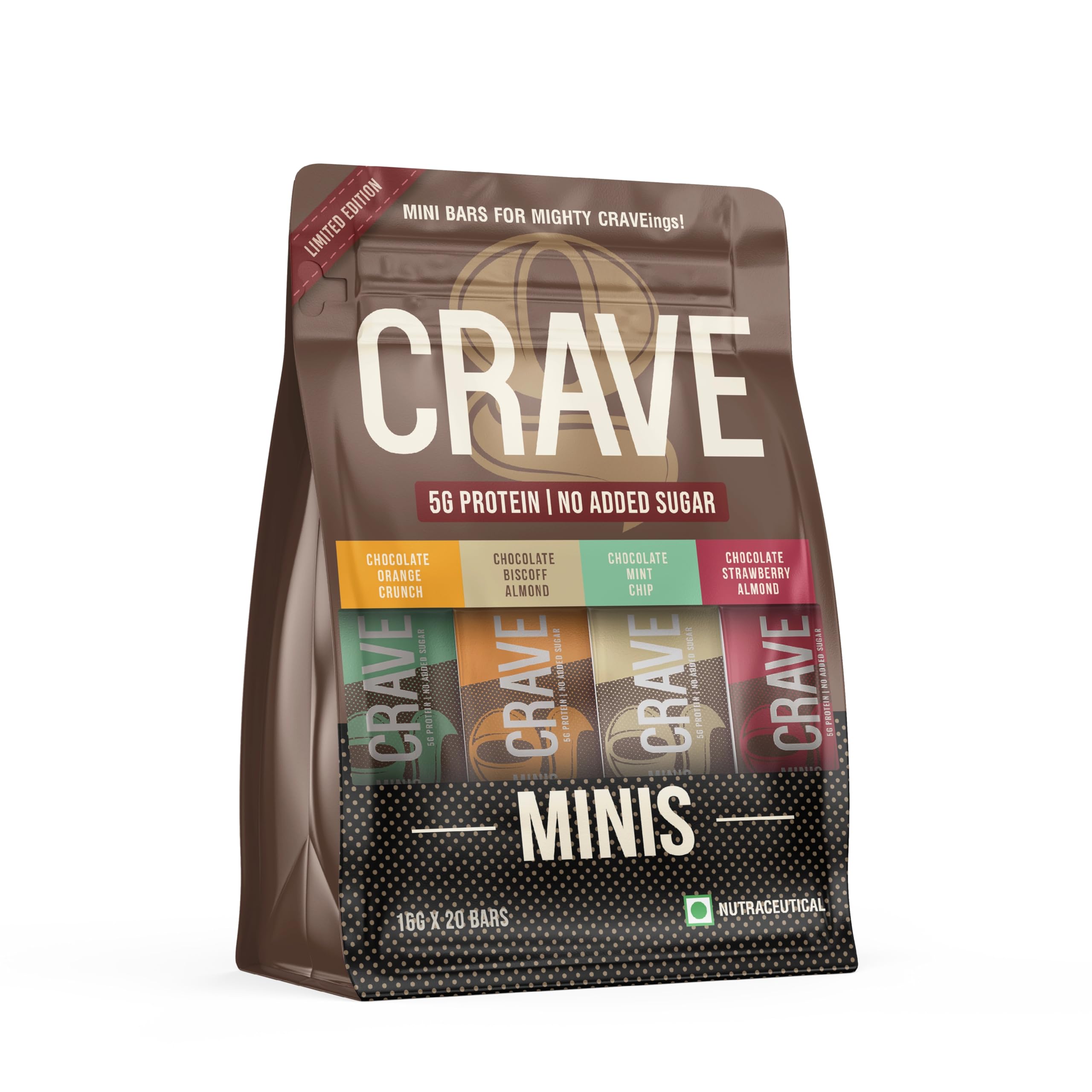Mini Crave Plant Protein Bars Limited Edition (Pack of 20) | New Flavours: Chocolate Biscoffee , Strawberry , Orange & Mint | 5g Protein, Zero Added Sugar, High in Fiber | Crunchy Wafer Bar | Decadent Sugar-Free Chocolate, Creamy Nut Butters | Healthy Snacks for Kids & Adults | Tastes like a Cheat Meal | 100% Vegetarian | No Palm Oil | 320g