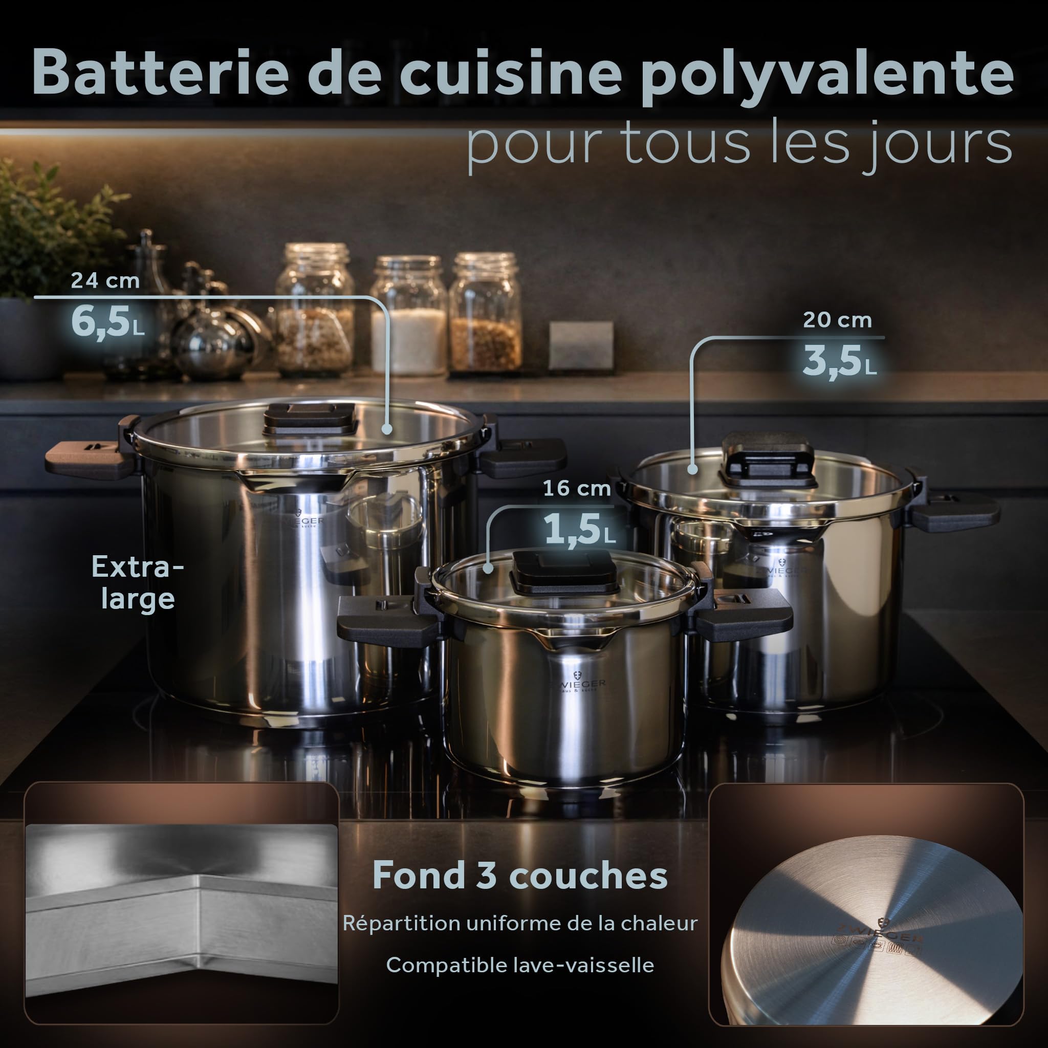 ZWIEGER Lot de Faitouts Inox 18/10 – Batterie de Cuisine Induction 6 pièces
