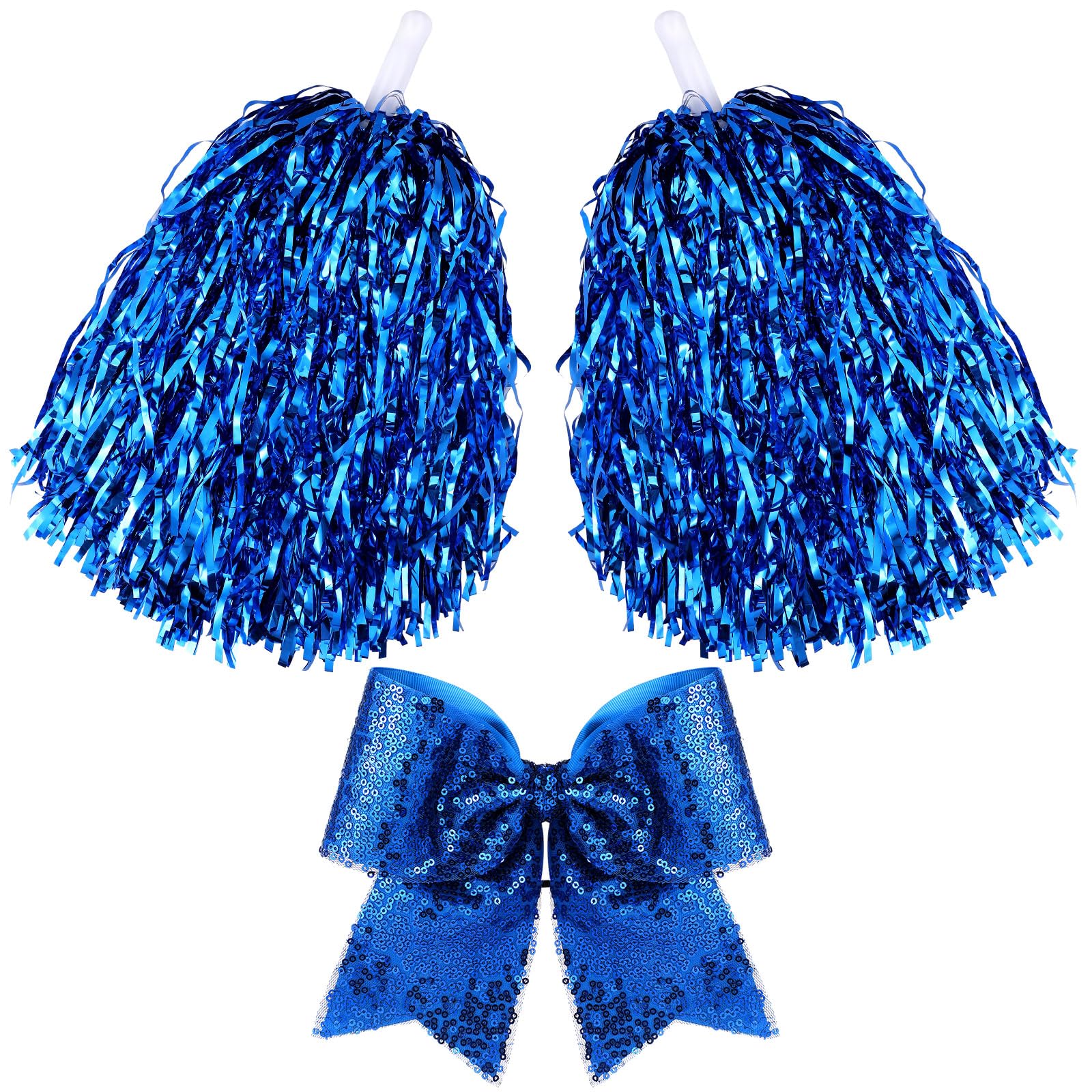 Knitgrip 10 in Cheerleading Pom Poms and 7 Inch Large Glitter Cheer Bow Clip with Tails Royal Blue Hair Bow Cheerleading Accessories for Sport Events