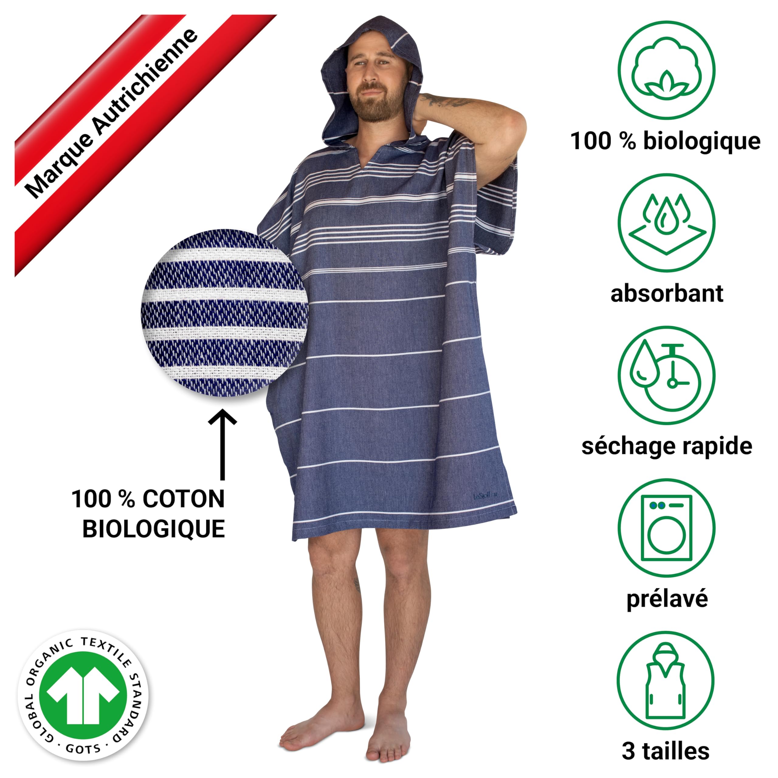 LeStoff Poncho de Bain Adulte, 100% Coton Bio, Bleu Marine, S | Poncho de surf à capuche et serviette de change pour plage, piscine et camping – léger, durable, absorbant, séchage rapide
