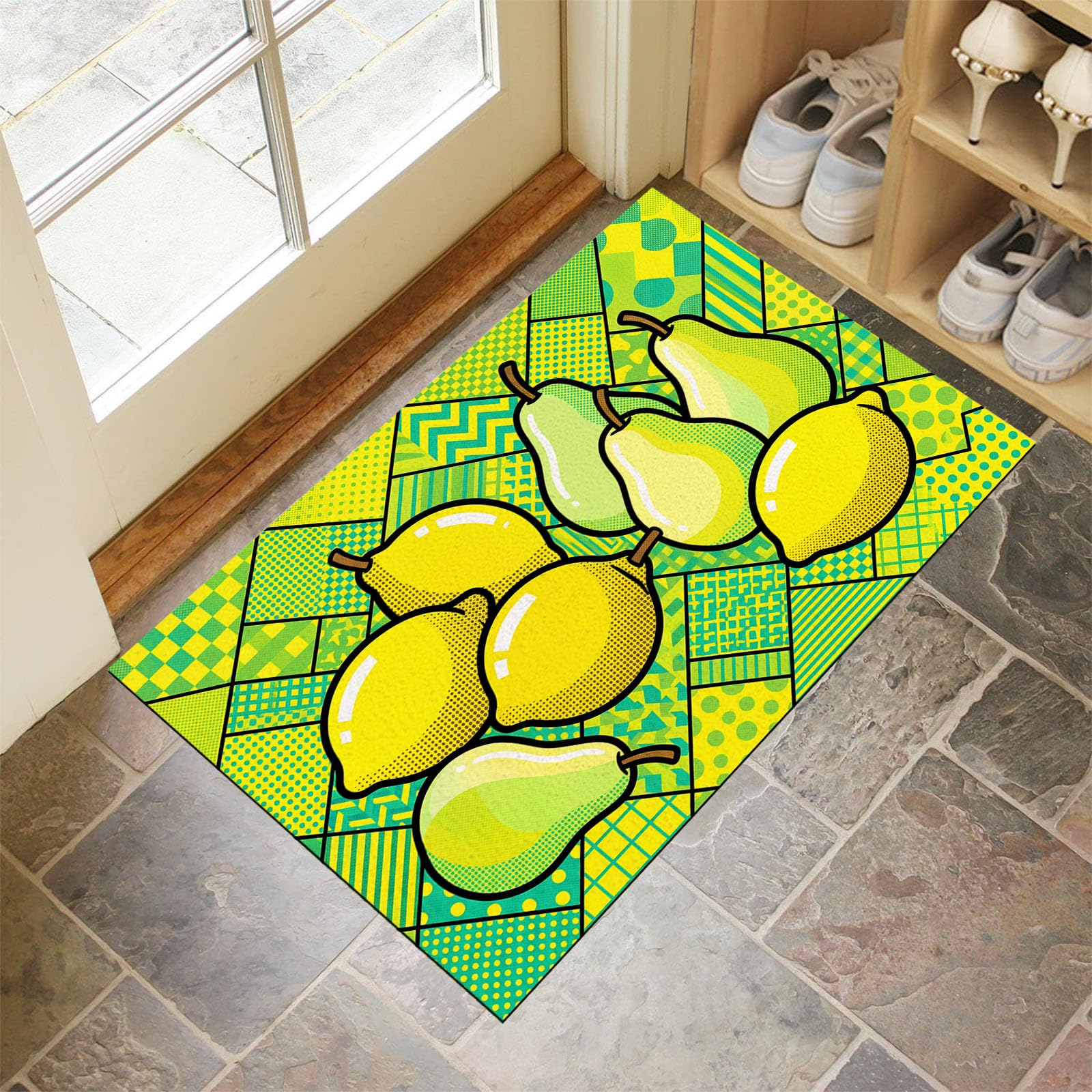 Paillasson Intérieur 45x75 cm Géométrie Pop Art Citron Vert Tapis Entrée