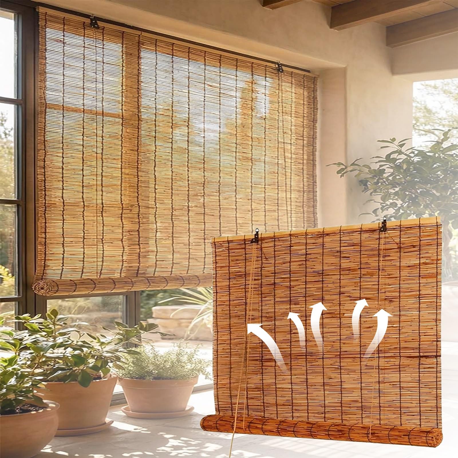 CMJYMX Outdoor Bamboo Roll Up Shades, Light Filtering Bamboo Blinds Waterproof Roller Shades With Lifter For Porch, Patio & Interior Windows, Easy Installation(110x180CM/43x71IN(WxH))
