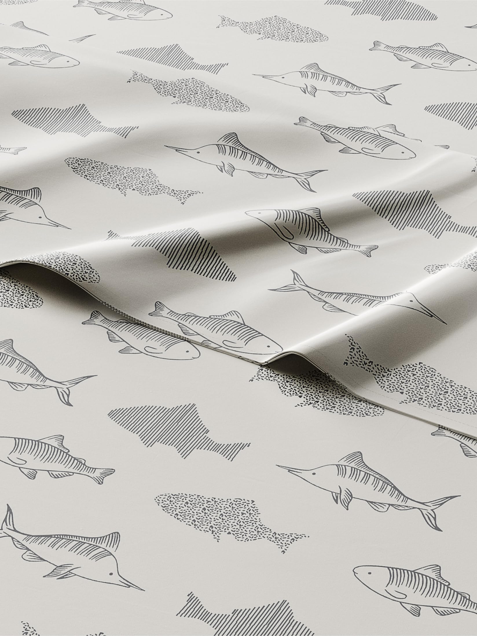 Kids Queen Size Gray Fish Bed Sheets - 4 Piece Kids Gray Fish Sheet Set