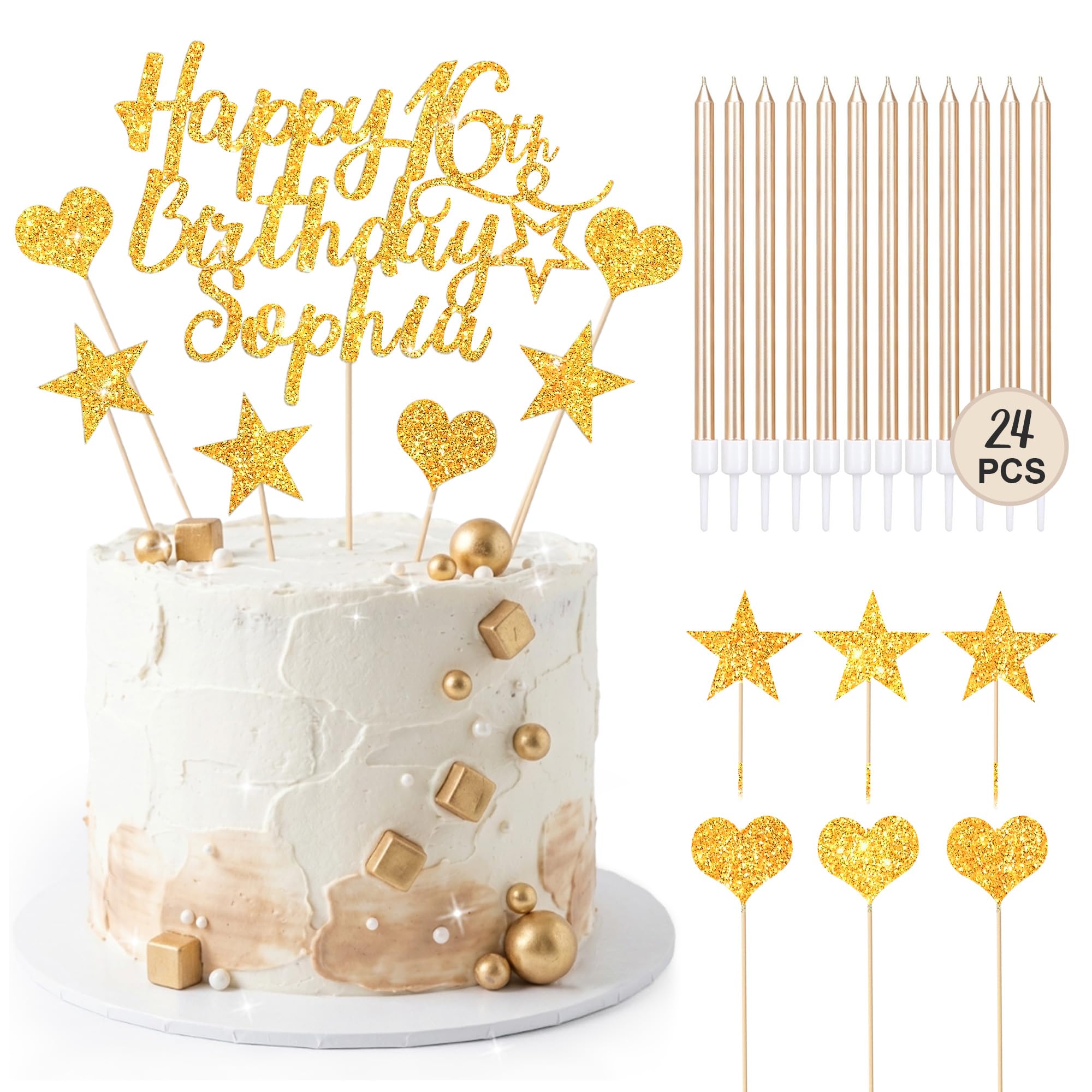 EDSG Personalised Happy Birthday Cake Topper with 24 Candles, Double-Sided Glitter Cake Decorations with Any Age Name, Birthday Party Supplies for Boys Girls Women Man (Gold) — image 1