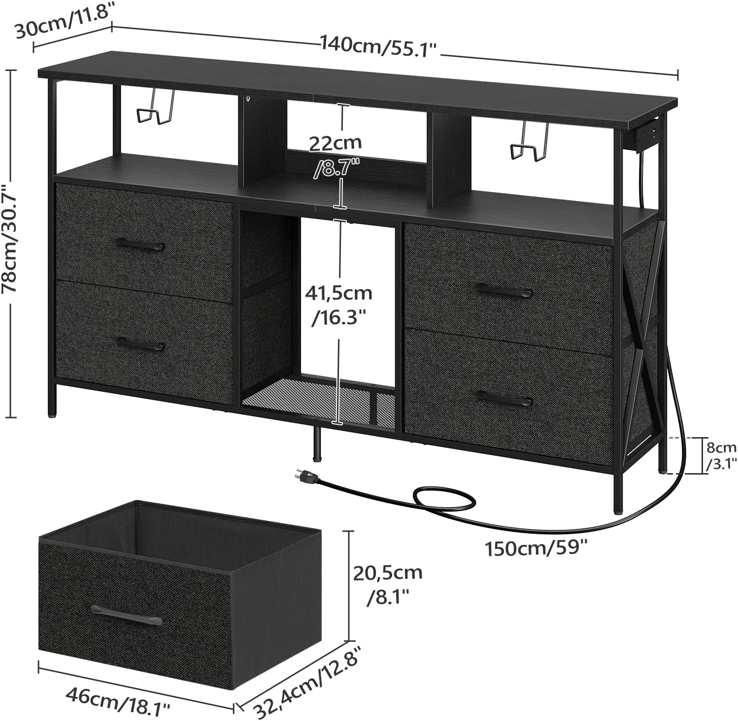 Diagram showing the dimensions of the MAHANCRIS TV Stand TVBK140E01, including overall width, height, depth, and internal shelf and drawer measurements.