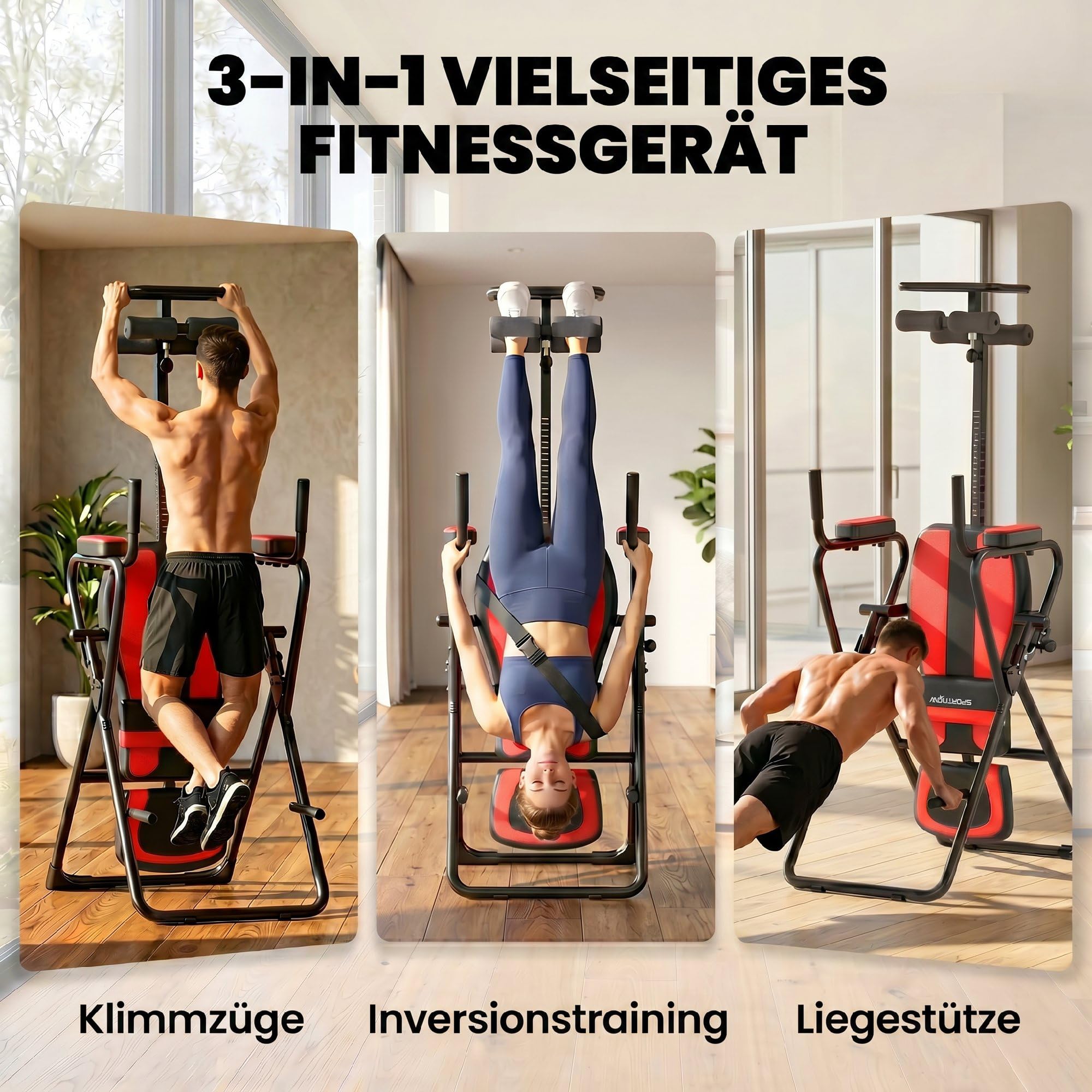 SPORTNOW 3-in-1 Inversionsbank Klappbar Inversionstisch mit 3 Inversionswinkel Liegestütz- & Klimmzugstangen Kopf- & Lendenstütze Schwerkrafttrainer Streckbank zur Entlastung der Wirbelsäule bis 120kg