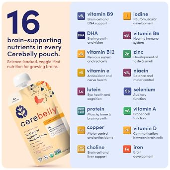 Cerebelly Organic Baby Food Pouches, Butternut Squash Chicken Bone Broth with Thyme, 16 Nutrients, Protein & Healthy Fats, 4oz, 6 Pack
