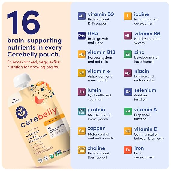 Cerebelly Organic Baby Food Pouches, Butternut Squash Chicken Bone Broth with Thyme, 16 Nutrients, Protein & Healthy Fats, 4oz, 6 Pack