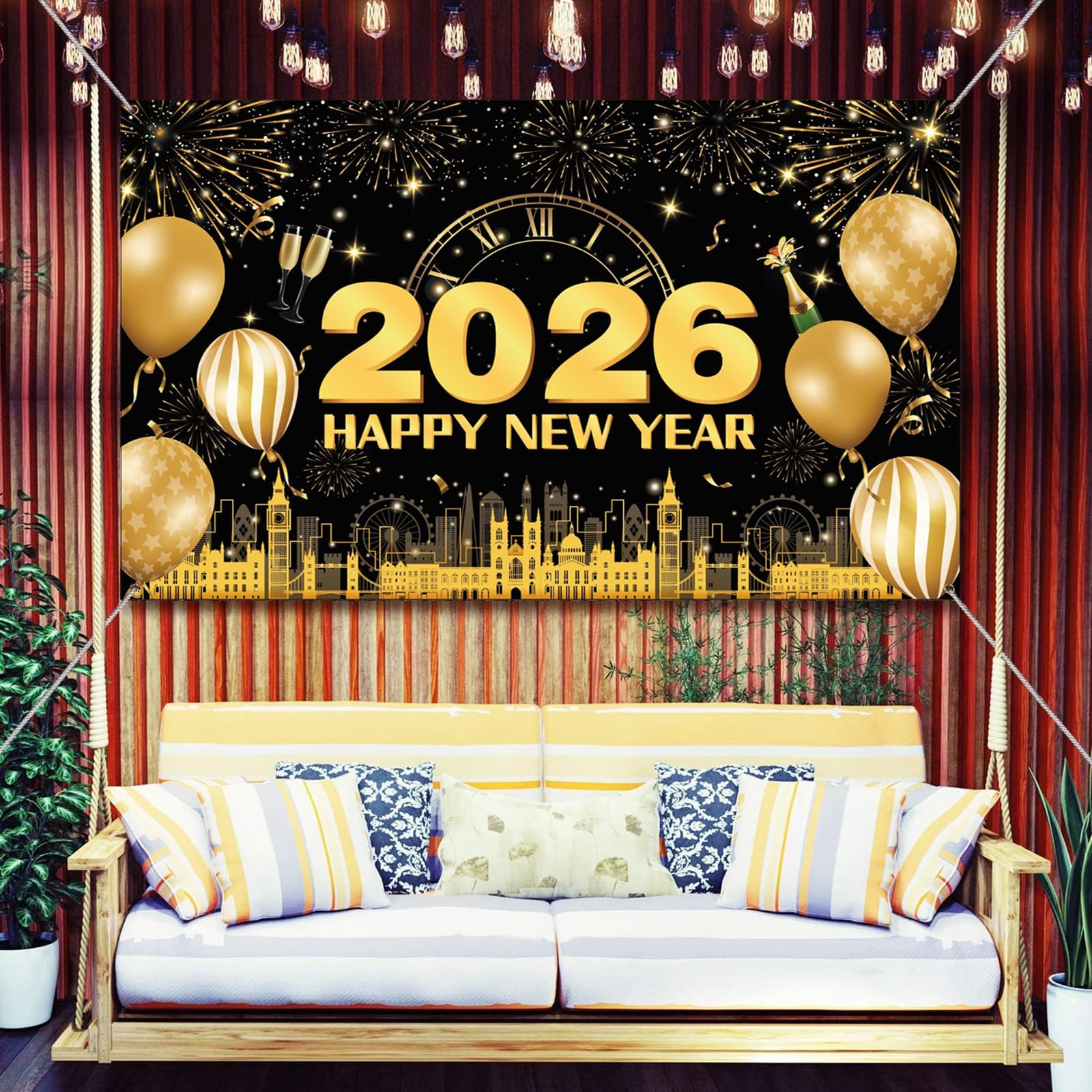 New Years Eve Decorations 2026, Happy New Year Banner 2026, Extra Large Black Gold Fireworks Balloon Background - Image 3