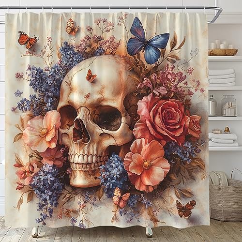 Cortina de ducha de calavera de azúcar, vintage, rosa, floral, mariposa, acuarela, calavera de Halloween, retro, terror, gótico, espeluznante, tela